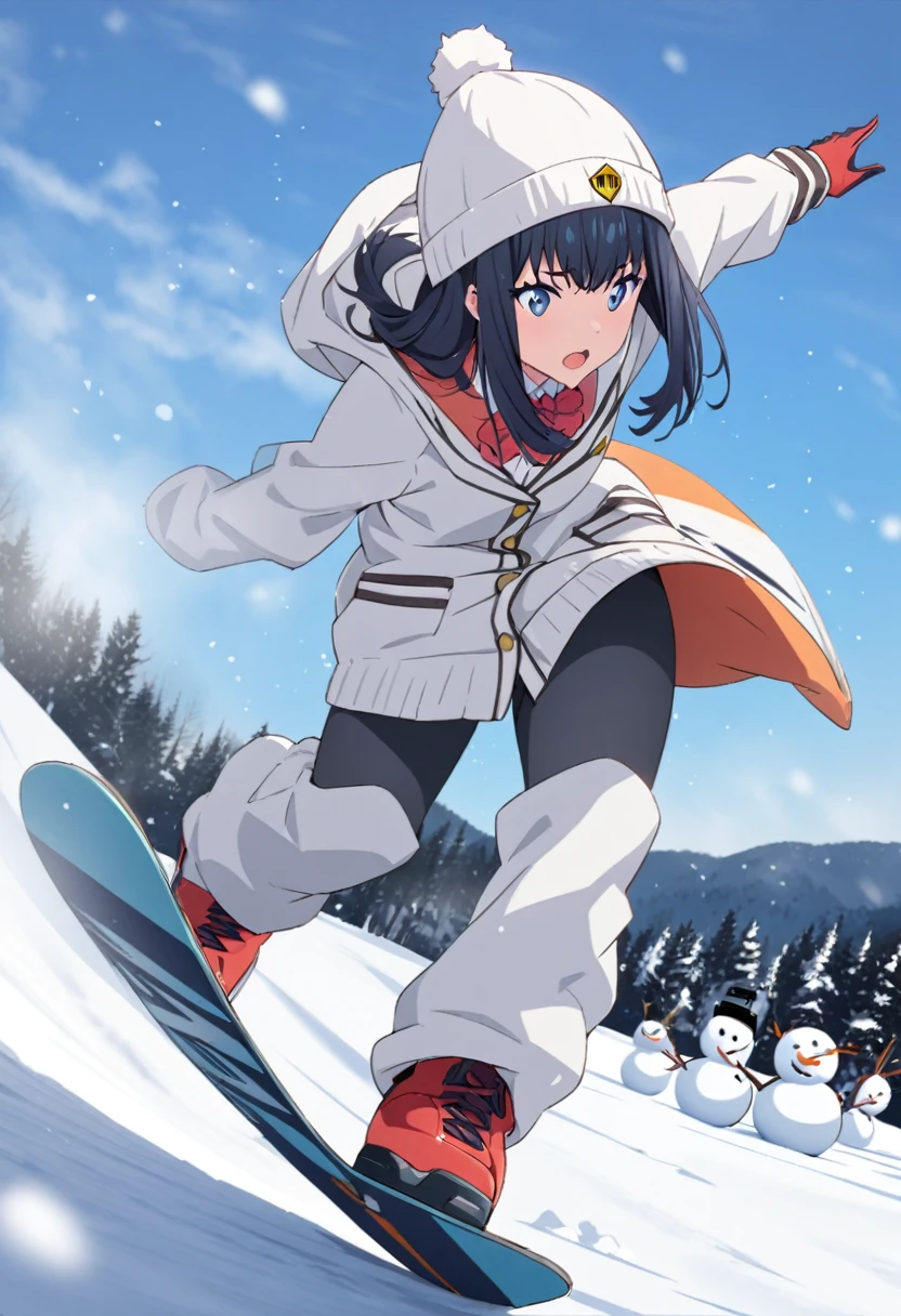 High-definition,high resolution,8k.perfect face,perfect figure, 1 girl.solo,TaKarada rikka_ssss.GRIdＭAN.ski slope,It snows a lot,snowman,lift,sliding on a snowboard, dynamic pose,