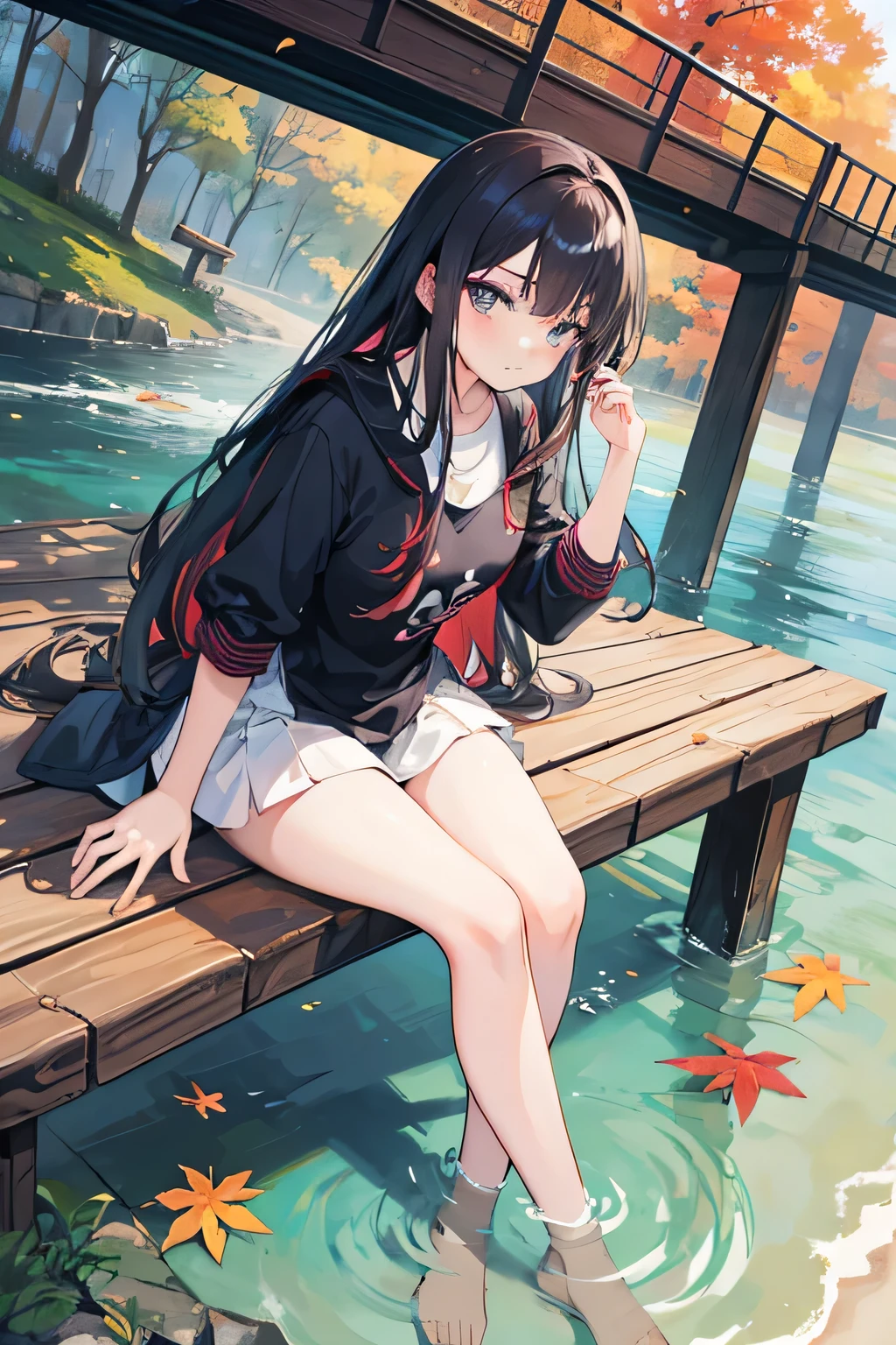 asian girl lying down relaxing on a bridge, running river water under the bridge, day time, autumn, anime style, no sexy pose