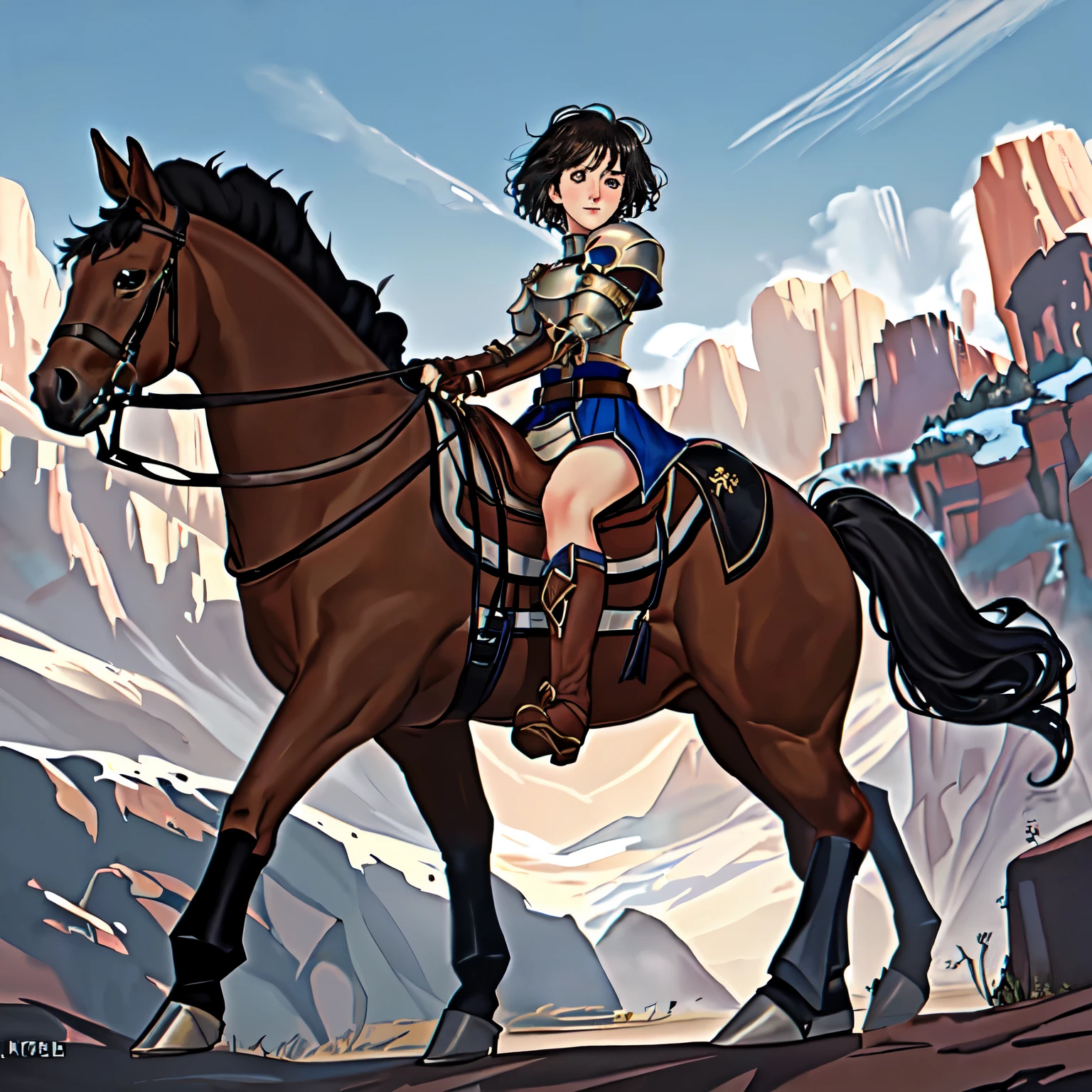 4k, 8k, hdr, wallpaper, realistic, cinematic lighting, ((best quality)), ((masterpiece)), (detailed), perfect face, anime style, pixie cut, short hair {black hair}, both hands holding tightly, reins, (female knight, brown eyes, white armor, black miniskirt, golden gauntlet, black boots, (brown horse, horseback riding, saddle, stirups, reins: 1.25), fantasy settings, canyon, open field, anatomically correct