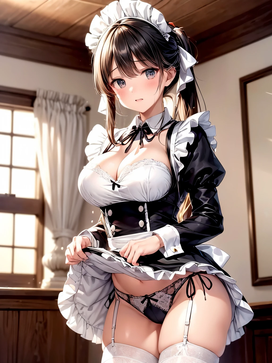 (大人のwoman:1.3)、exact number of fingers、Exact number of legs、Exact number of arms、bangs, ponytail, brown hair, (blush:1), (womanはメイド服を着てセクシーなポーズで床に立っている:1), ((Stylish black and white maid outfit, Ribbon at collar:1.4)), woman, (Stylish white satin panties:1.3), (white lace bra), Thighhighs, garter belt, (flip the skirt yourself:1.4), (shirt lift:0.93), (show off bra:0.94), (show off panties:1.2), realistic、 beautiful big breasts, slender body, highest quality, High resolution, highly detailed face, perfect lighting, Very detailed CG, (perfect hands, perfect anatomy), embarrassed expression, The mansion's study, whole body