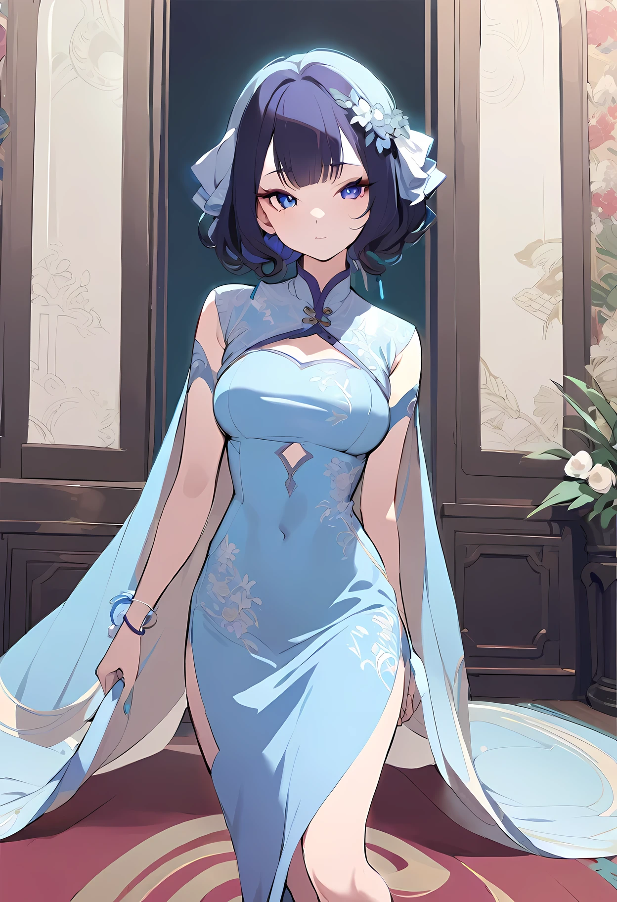 ((shylily)), (flat color:1.1), (colorful:1.3), (masterpiece:1.2), best quality, masterpiece, original, extremely detailed wallpaper,
ancient costume, beautiful girl, qipao, flower decoration, walking ornament, luxurious clothing, fairy aura, classical, beautiful.
, masterpiece, best quality, full_body,