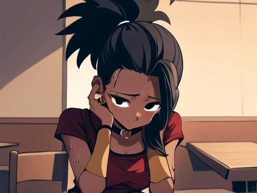 artwork, best quality, Kale, black eyes,black pupils, ponytail, top cut, armband, red skirt, torso, standing, looking at viewer, nervous, sitting in a restaurant chair, while an expression of contemplation and serenity appears in her eyes. The camera's viewing angle is close, capturing every detail of the character's face, highlighting her beauty and the calm, intimate atmosphere of the moment,Light brown girl, black hair, shy look, nsfw, heat, in love, looking at the viewer ,heart-shaped pupils,nails,hands on own face, choker,torso,trembling,sweat,sweatdrop,heart,medium breasts,  Love, heart, top cut, happy, smile, 
