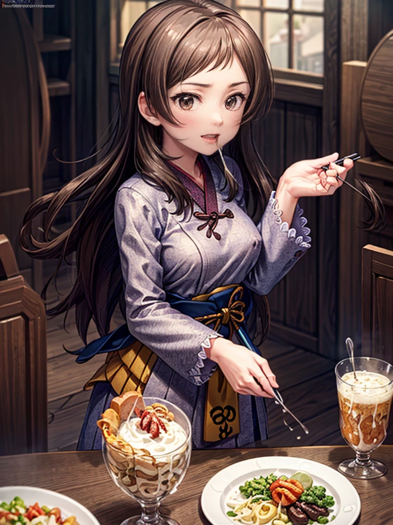 girl, solo, breasts, smile, open_mouth, bangs, large_breasts, dark brown_hair, holding, brown_eyes, nipples, upper_body, nude, (food, teeth, indoors, cup, table, plate, bowl, chopsticks, pov_across_table, ryokan), BREAK 2D, 8k, highres, masterpiece, super fine illustration, photo background, insanely detailed, blurry background, depth of field, natural light, soft lighting, perfect fingers, nice hands, perfect hands,((cum on body:1.9, cum on hair:1.9. cum on face:1.9, cum on mouths:1.9，cum on table 1.9)),multiple boys, peeing on a girl, facial, cum on mouth, cum on body, multiple penises, gangbang,holding penis))),ecstasy torogao, saliva trail, nose blush,smile,eat cum