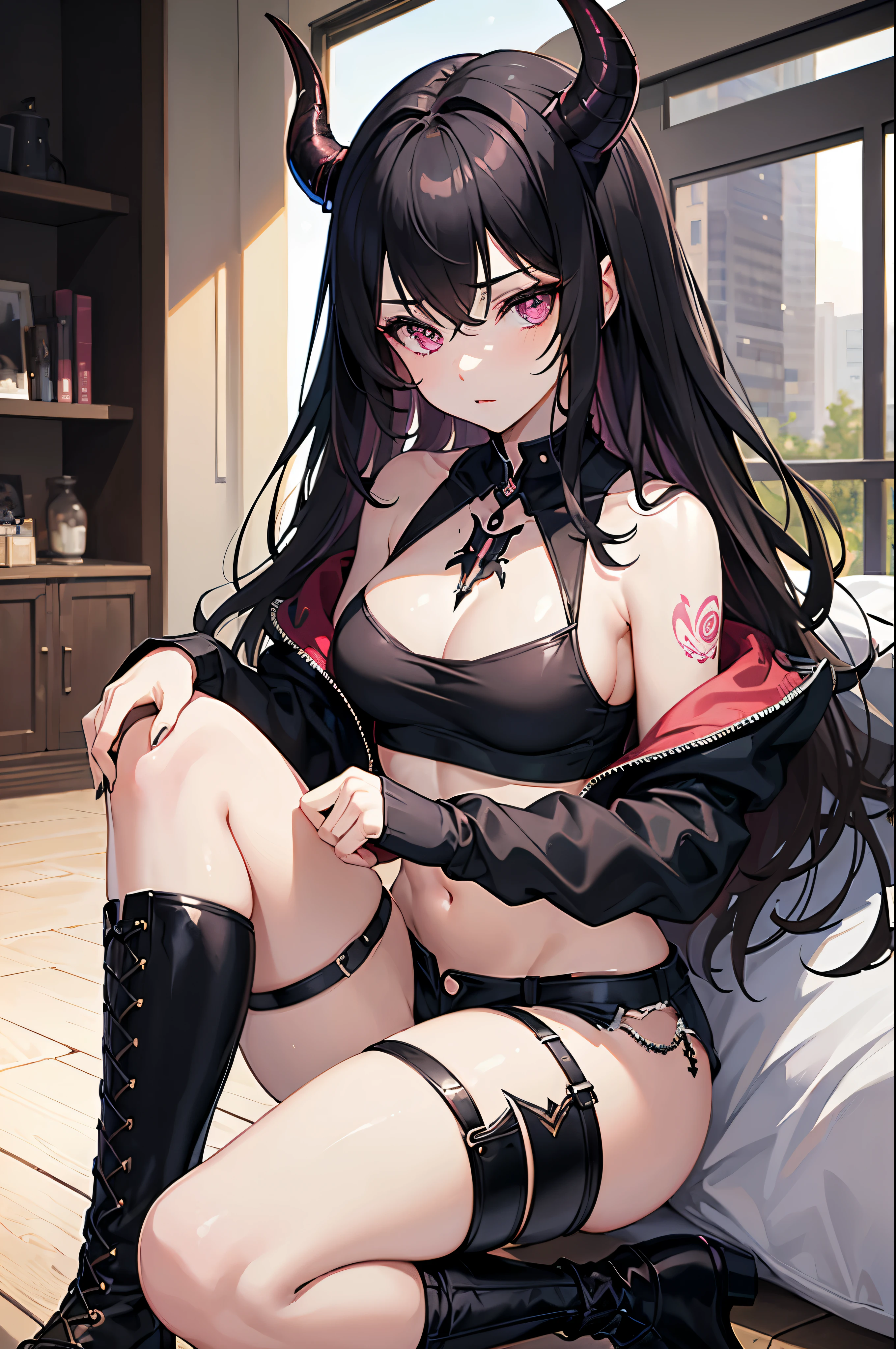 ((masterpiece, best quality, high resolution)), expressive eyes, mature, perfect face, solo, 1girl, black hair, pink eyes, pale skin, one horn, succubus tattoo, bedroom, small breasts, thick thighs, crop-top, short-shorts, jacket, boots, thigh-highs