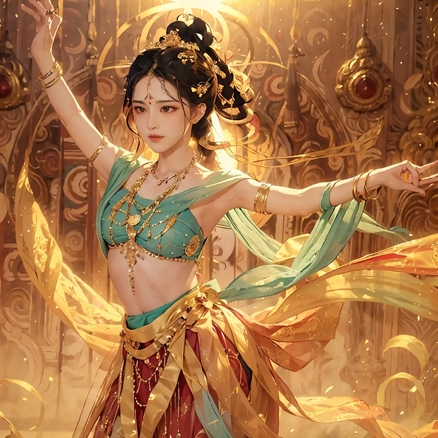 Decent semi classical dance posture, gracefully taking chakkars (circular movements) with elegance and poise. The dancer's body is adorned with intricate jewels and vibrant colors, reflecting the richness and beauty of Indian culture. The stage is bathed in soft, warm lighting, casting a golden glow on the dancer's agile form. The atmosphere is peaceful and serene, as the dancer's fluid movements flow seamlessly from one chakkar to the next, leaving the audience in awe of the artistry and skill on display. With every turn, the dancer's eyes shine with focus and determination, captivating the audience with her every