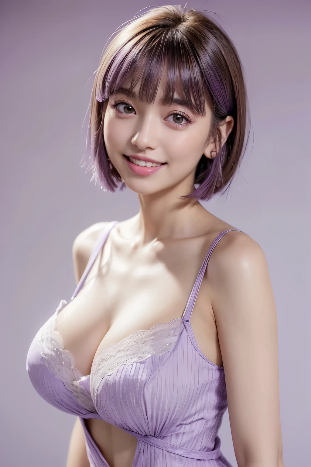 (software:1.8、masterpiece, highest quality, SONYα9ⅡF2 lens shooting),1 girl, alone, have, realistic, realistic, looking at the viewer, light brown eyes, Brunette short bob hair with highly detailed shiny hair, short hair:1.8、Beautiful face in symmetry、spring clothes:1.6, Whity, lips, bangs, outdoor, closed mouth, Upper body、Big eyes、eyelash、((Very simple light purple background:1.8))、(((bangsのあるshort hair、Big eyes、big and full chest、look at the audience、beautiful beauty、show me your ears、long neck、smile、please close your mouth and smile)))、ideal body proportions、(({Huge|big|Hugeな|mega} chest:2, :2、幸せなsmile、beautiful teeth、))