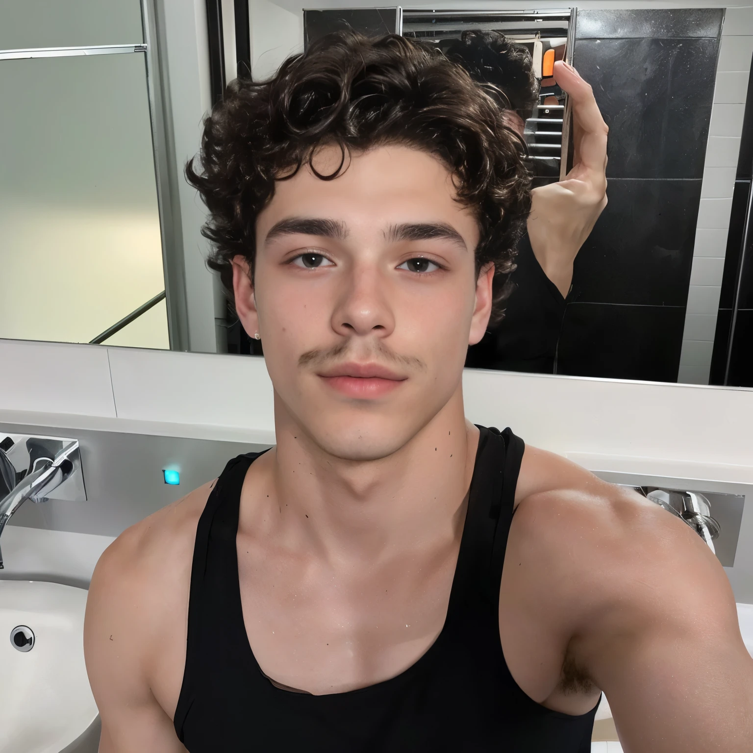 there is a man with a fake mustache in front of a mirror, taken in the early 2020s, tommy 1 6 years old, miles johnstone, he has short curly brown hair, 18 years old, headshot profile picture, perfect face and boy, twink, 1 6 years old, zac retz, twitch streamer / gamer ludwig, very sweaty