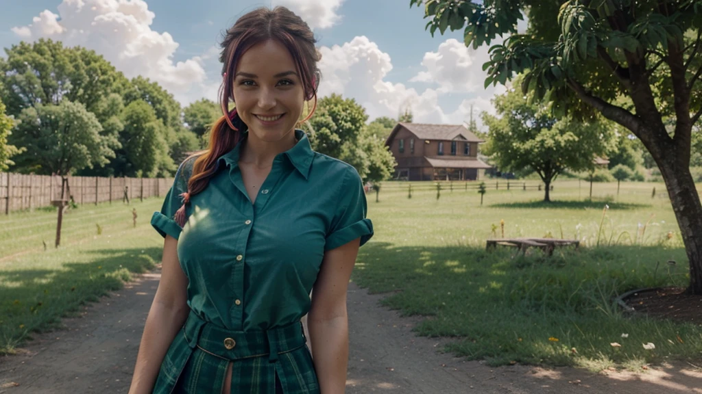 1girl, full body, summer, village, trees, sun, clouds, ((colorful hair)), ponytail, large breasts, cleavage, button down, blue eyes, ((dark green shirt)), ((unbuttoned shirt)), unbuttoning buttons, ((short sleeved shirt)), mini skirt, brown shoes, grin, looking at the viewer, standing, red, white and green hair ribbon, ((golden necklate))