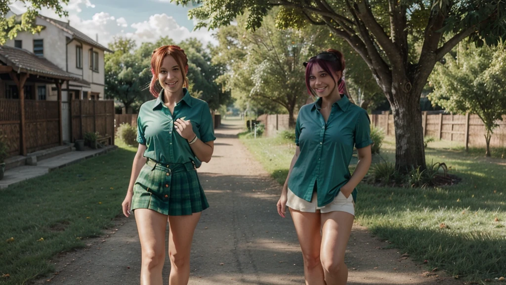 1girl, full body, summer, village, trees, sun, clouds, ((colorful hair)), ponytail, large breasts, cleavage, button down, blue eyes, ((dark green shirt)), ((unbuttoned shirt)), unbuttoning buttons, ((short sleeved shirt)), mini skirt, brown shoes, grin, looking at the viewer, standing, red, white and green hair ribbon, ((golden necklate))