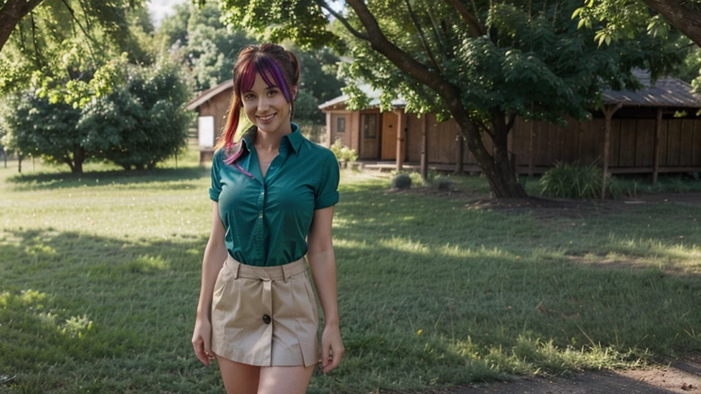 1girl, full body, summer, village, trees, sun, clouds, ((colorful hair)), ponytail, large breasts, cleavage, button down, blue eyes, ((dark green shirt)), ((unbuttoned shirt)), unbuttoning buttons, ((short sleeved shirt)), mini skirt, brown shoes, grin, looking at the viewer, standing, red, white and green hair ribbon, ((golden necklate))