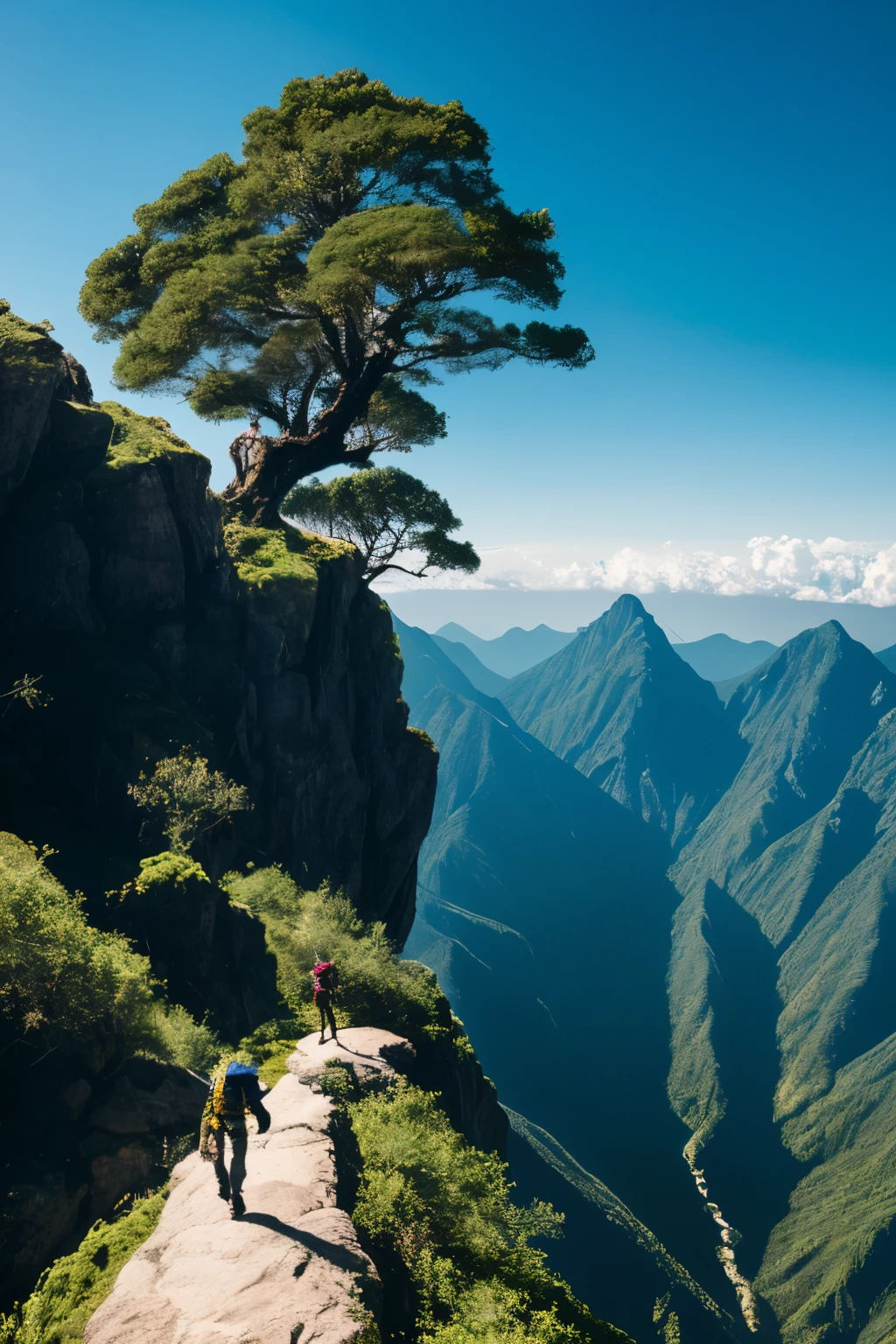 An individual climbing a towering mountain peaks, a testament to the indomitable power of faith and unyielding perseverance. At the foot of the mountain, the lush greenery blankets the earth, a vibrant contrast to the steep, rugged terrain that ascends into the heavens. Each step taken by the climber is deliberate and filled with determination, as they traverse the daunting landscape, relying on their unwavering belief and relentless spirit to push forward. Above them, the sky transforms from a clear blue expanse to a dynamic blend of clouds, reflecting the ever-changing emotions and challenges that accompany the journey. The wind whistles through the trees