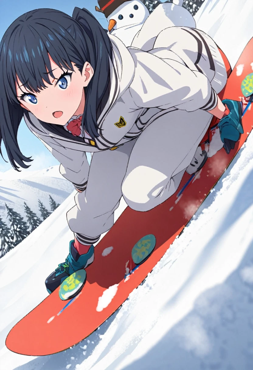 High-definition,high resolution,8k.perfect face,perfect figure, 1 girl.solo,TaKarada rikka_ssss.GRIdＭAN.ski slope,It snows a lot,snowman,lift,sliding on a snowboard, dynamic pose,