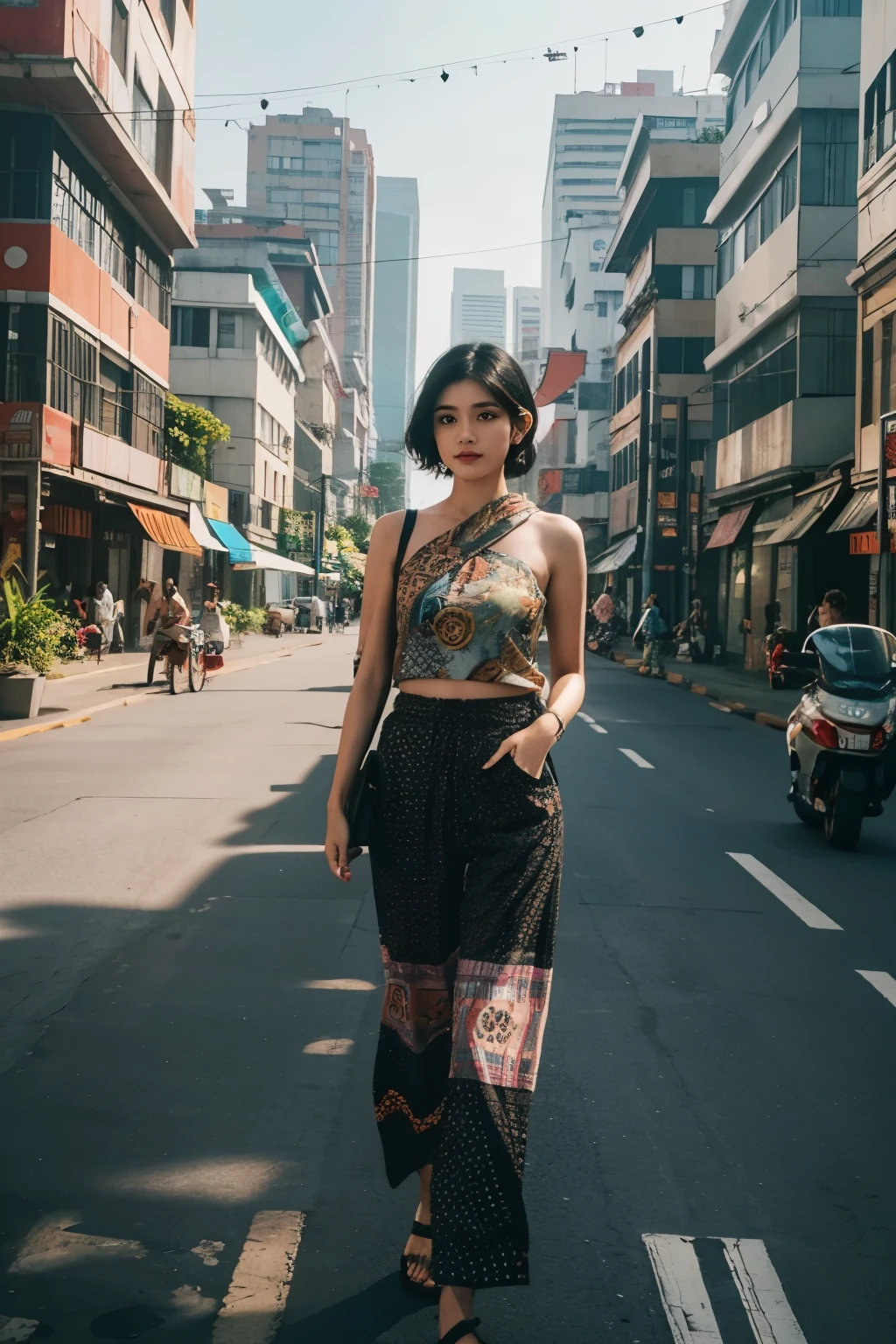 candid photo of a girl, short shoulder hair, black hair, wearing batik pattern colorful shirt, long pants, walk in city of Jakarta Indonesia, background pedestrian, street, travelling urban people, bounced lighting, editorial photoshoot, masterpiece, 4k, hires, day scene, cyberpunk city