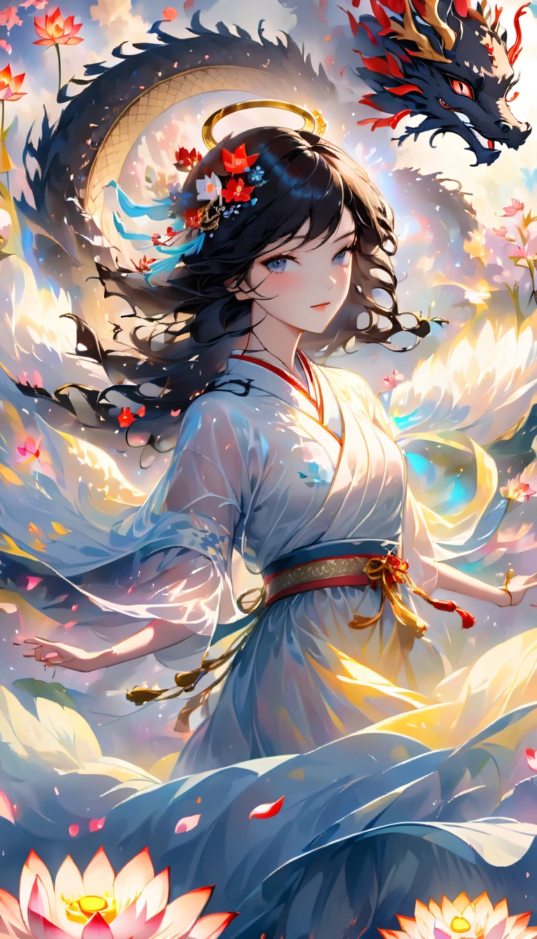 Wrapped in iridescent clouds,There's a halo around me,Black dragon on background,godが5Being around people,Sanskrit characters are floating around,petals dance,Lotus flower,Wearing a golden, transparent robe,Glamorous black-haired angel,Glittering gold jewelry,Jewel in the right hand,Sword in left hand,Miraculous,god々The beauty,Radiant