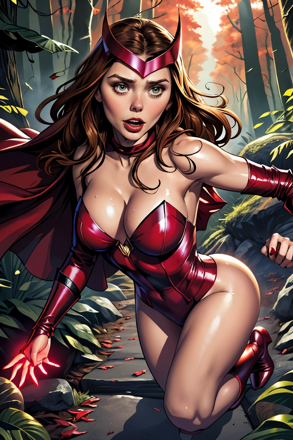 ((highest quality)), ((masterpiece)), (be familiar with), ((Elizabeth Olsen)), ((SCARLET WITCH)), perfect face、Precise、(Accurate hand and finger depiction)、(Accurate lip drawing)、(Accurate tongue depiction)、 scarlet witch woman、long hair、beautiful nails、black nail polish、eye shadow、red cloak、red knee high boots、(falling down:1.4)、(running as fast as you can:1.1)、mouth open、(sweating)、(plump body)、、cleavage、cod waist、big ass、Glamorous、glamos、 cinematic, (Complex:1.4), low contrast、side lighting, best shadow, (In the deep dark autumn forest)、(wood々and surrounded by bushes.)、(地面は紅の落ち葉と不気味なwoodの根に覆われている1.2)、(steam:1.3)、from he toe、perspective from the front