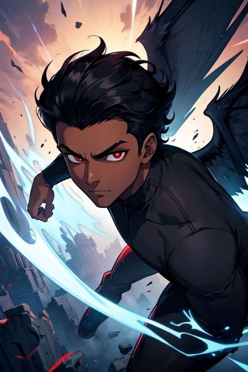 dark-skinned boy, dark hair combed back, red eyes, black long sleeves, black pants with blue details and printed wings (perfect lighting, artwork, perfect eyes, perfect face)
