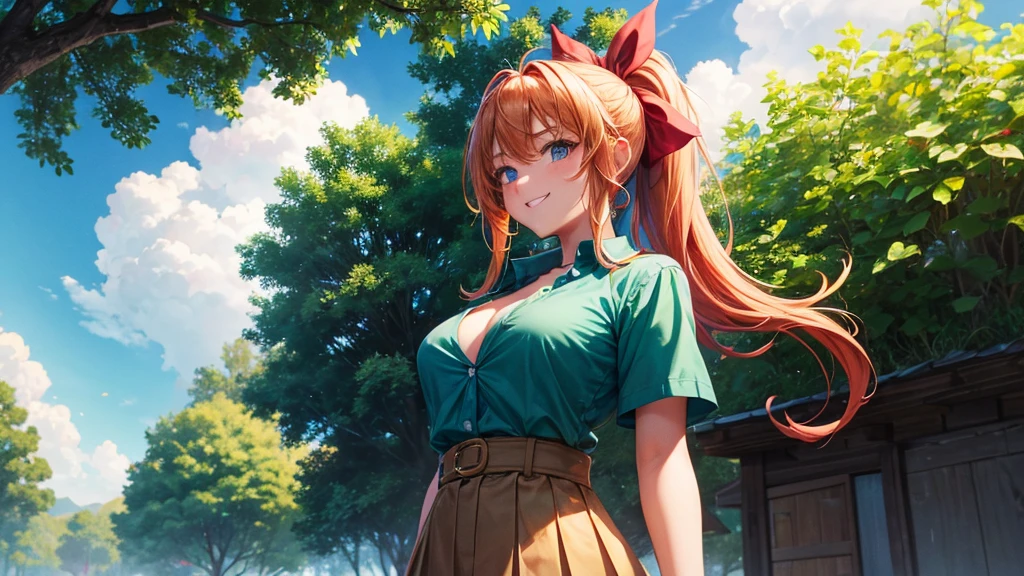 1girl, summer, village, trees, sun, clouds, ((colorful hair)), ponytail, large breasts, cleavage, button down, blue eyes, ((dark green shirt)), ((unbuttoned shirt)), unbuttoning buttons, ((short sleeved shirt)), mini skirt, brown shoes, grin, looking at the viewer, standing, red, white and green hair ribbon, ((golden necklate))