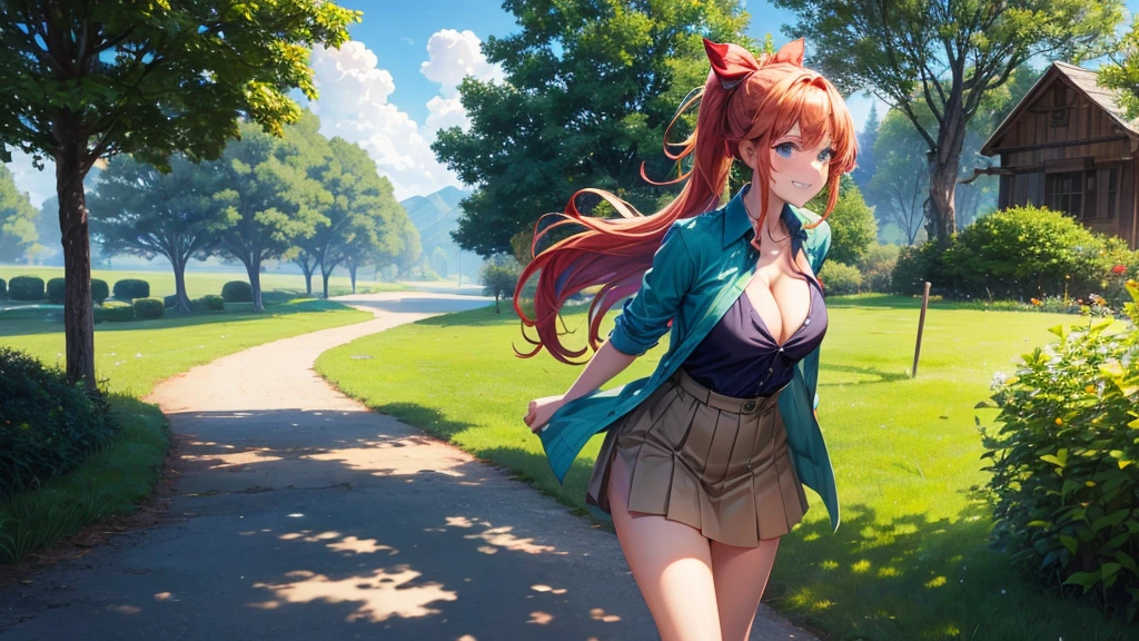 1girl, full body, summer, village, trees, sun, clouds, ((colorful hair)), ponytail, large breasts, cleavage, button down, blue eyes, ((dark green shirt)), ((unbuttoned shirt)), unbuttoning buttons, ((short sleeved shirt)), mini skirt, brown shoes, grin, looking at the viewer, standing, red, white and green hair ribbon, ((golden necklate))