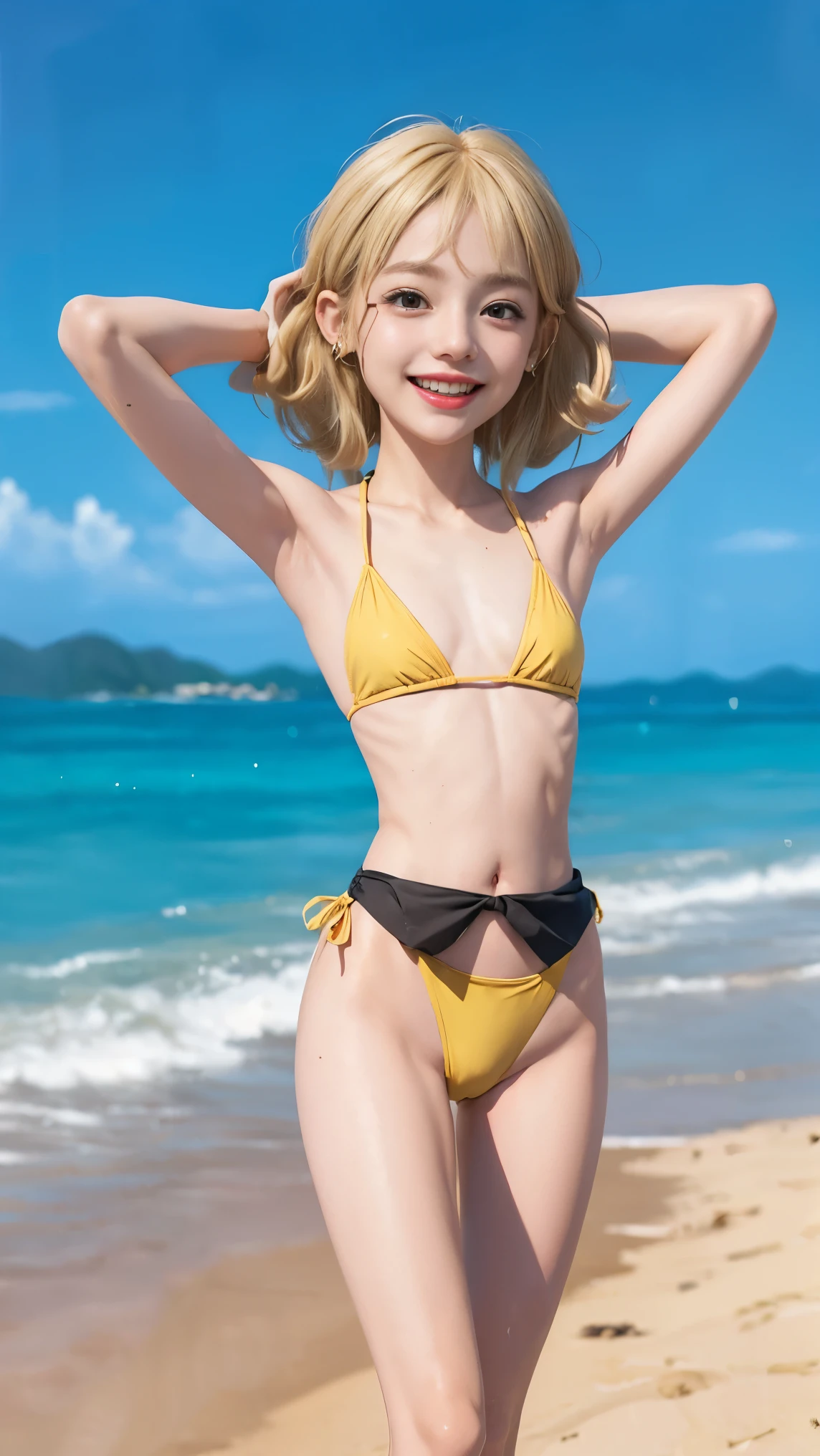 girl, goblin, smile of great joy，beautiful and moving，(((flat chest))),Do a dynamic dance、How to wear a Painted Mimi headband、((((thin arms、thin waist、slender upper body、thin thighs、thin lower body))))、medium long hair、(((blonde hair)))、tropical sandy beach、dazzling smile、micro bikini、full body shot、A bow tie、wear big gold earrings