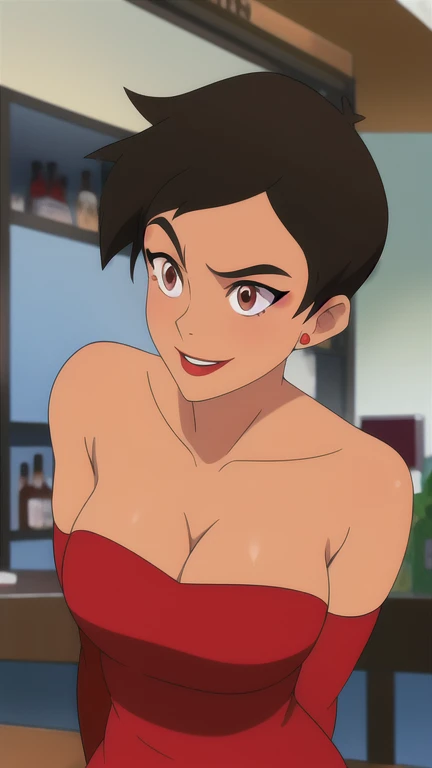 masterpiece, best quality, mawsLoisLane, 1girl, solo, black hair, short hair, brown hair, upper body, (red dress), (strapless dress, elbow gloves, red lips, makeup, cleavage, bare back), (detailed landscape, bar:1.2), (background), (dynamic_angle:1.2), (dynamic_pose:1.2), (rule of third_composition:1.3)
smile,closed mouth,cowboy shot,earrings, sunlight, 