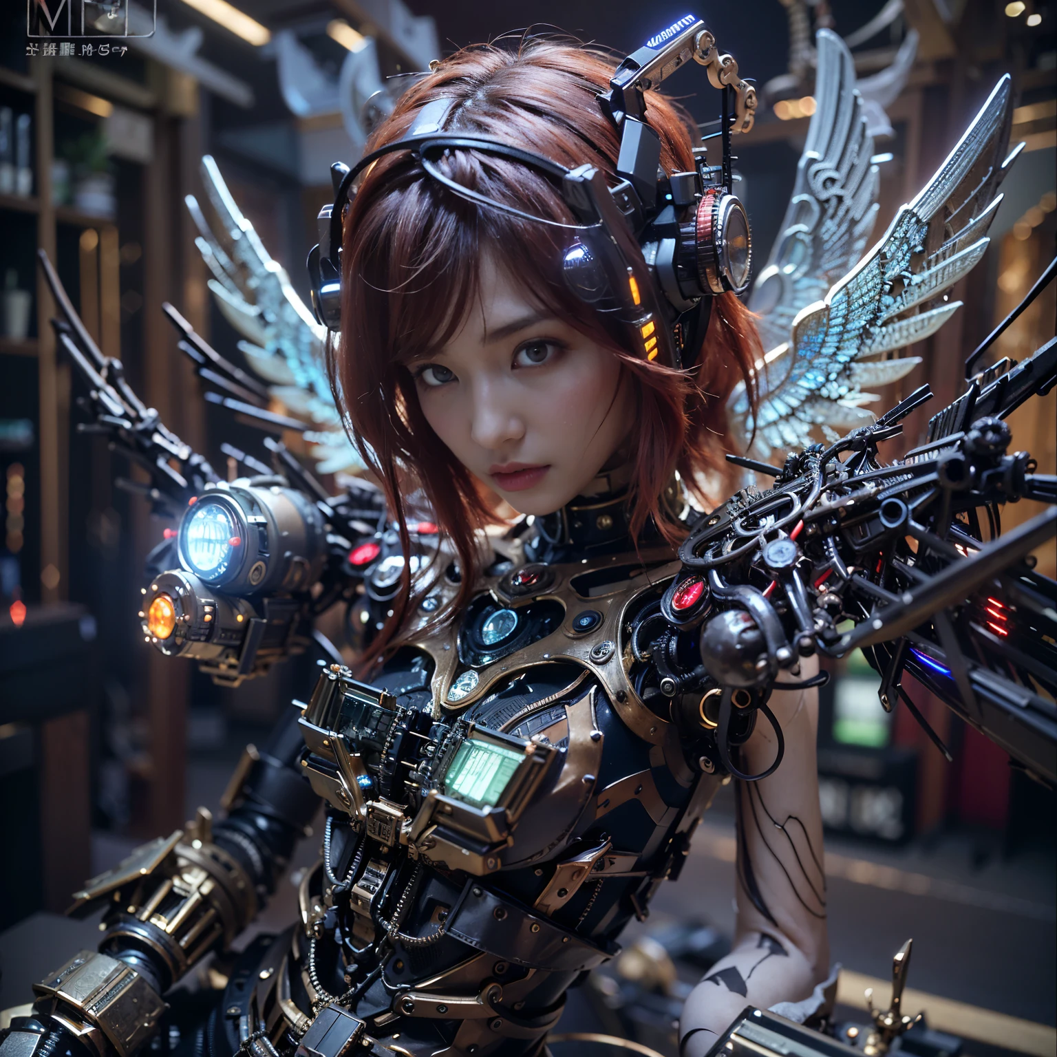 (top-quality:1.2, masterpiece)、ultra high resolution、extremely ultra surrealism, (Photorealsitic:1.4)、Raw photo、(Steampunk Battle Cyborg fallen angel)、large wings made of metal、black porcelain body、red  hair、glowy skin、1 Cyborg girl、(mechanical frame:1.3)japanese, extremely cute face,  ((super realistic details))、portrait、globalillumination、Shadow、octan render、8K、ultrasharp、character edge light、Details of complex ornaments、Acrylic Clear Cover、Sumerian details、Hydraulic cylinder、Small LED lamp、highly intricate detail、Realistic light、a purple eye、radiant eyes、Facing the camera、neon details、cowboy  shot、Futuristic headgear、About Cyberpunk