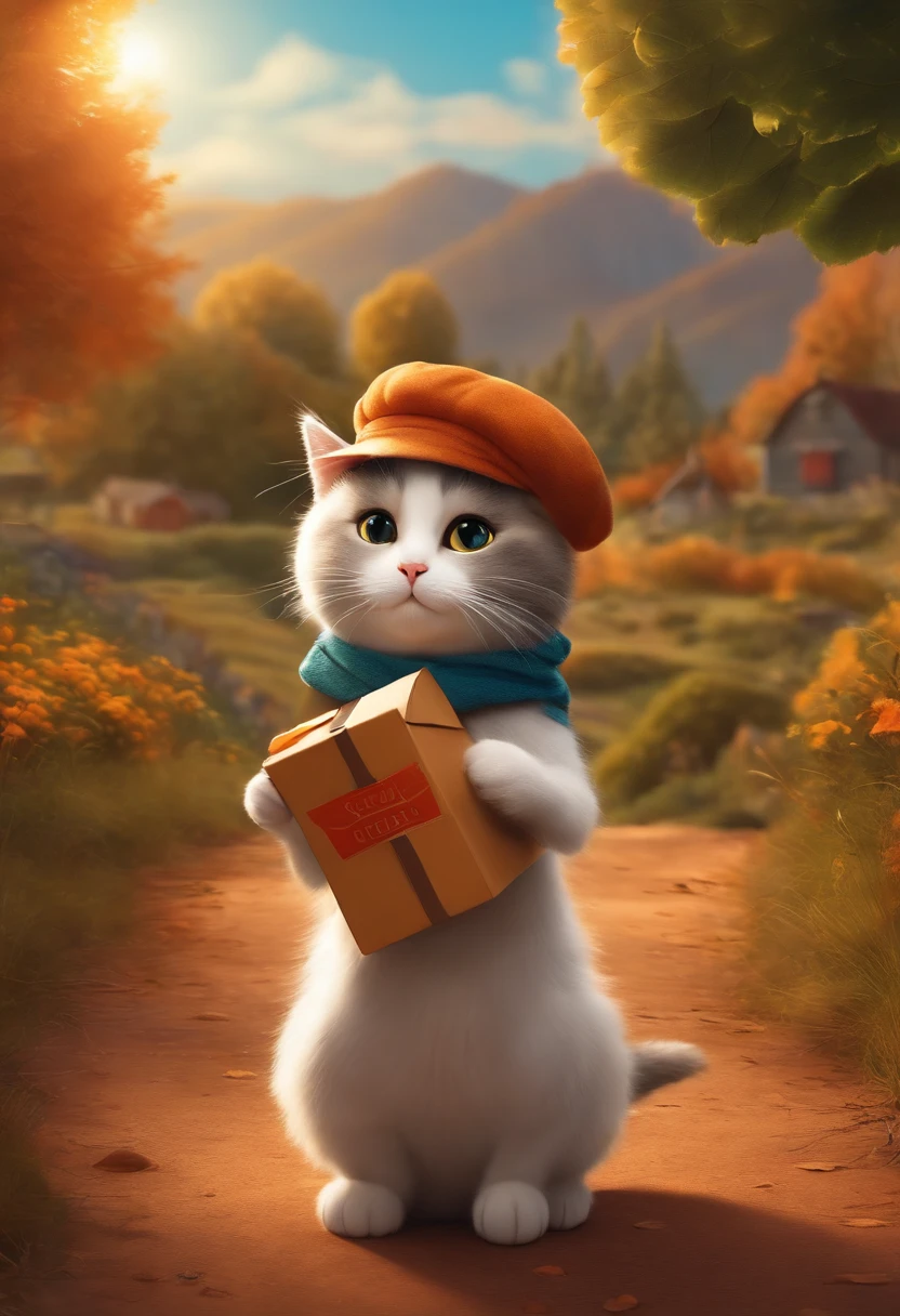 Female cat looking human, fofa em estilo Pixar em uma paisagem de outono com doces ao fundo, she is wearing a scarf and cap, and holding a cardboard box.