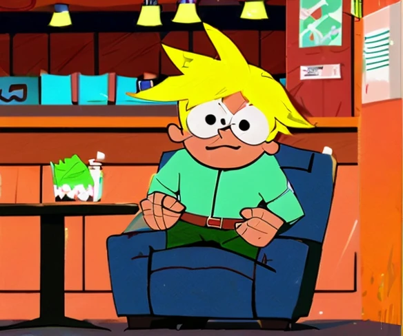 Butters Stotch eating Nachos Cheesesteak Sub sitting at Chair in Hooters, Happy, Style of Panty and Stocking with Garterbelt 