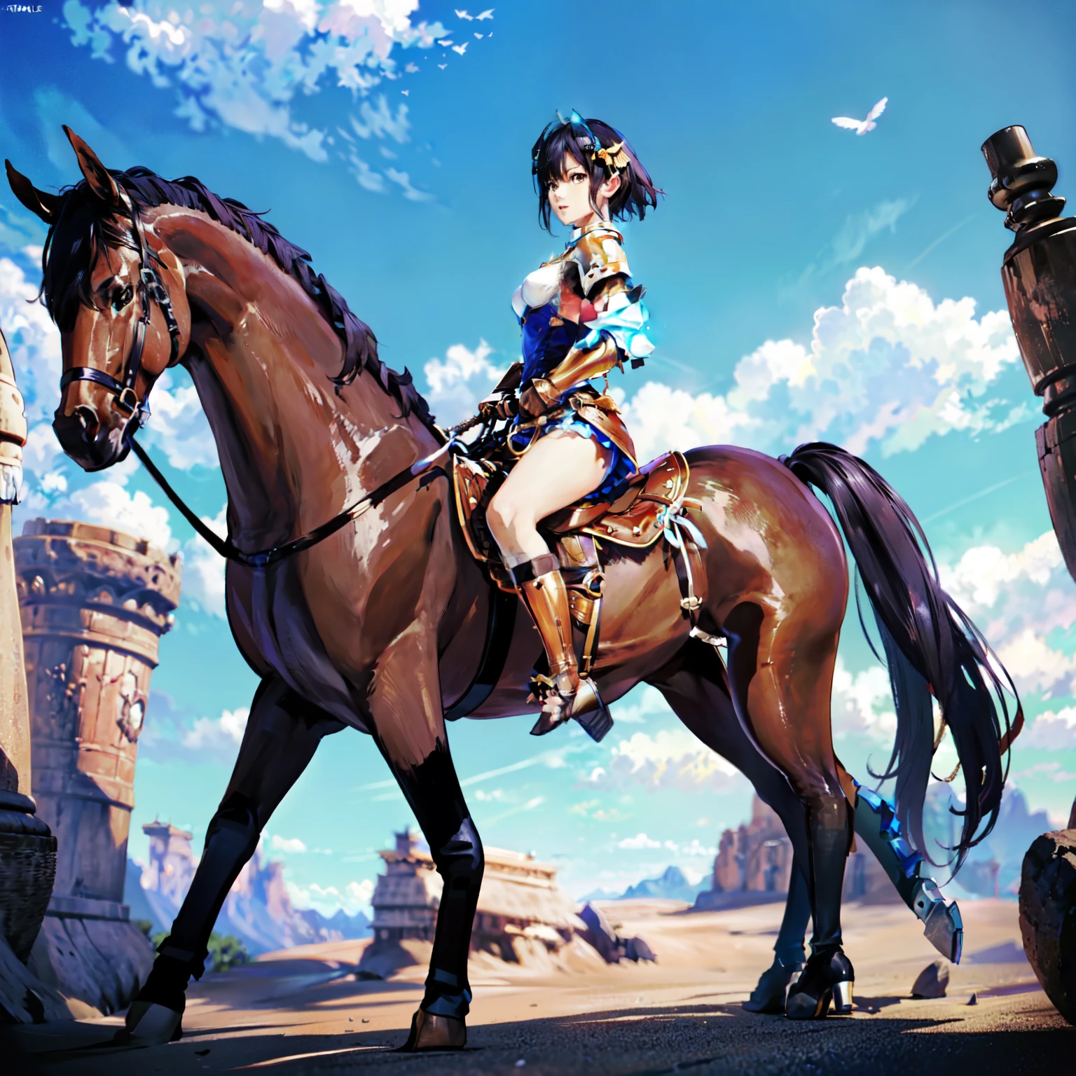 4k, 8k, hdr, wallpaper, realistic, cinematic lighting, ((best quality)), ((masterpiece)), (detailed), perfect face, anime style, pixie cut, short hair {black hair}, both hands holding tightly, reins, (female knight, brown eyes, white armor, black miniskirt, golden gauntlet, black boots, (brown horse, horseback riding, saddle, stirups, reins: 1.25), ((running)), fantasy settings, canyon, open field, gust of wind, anatomically correct