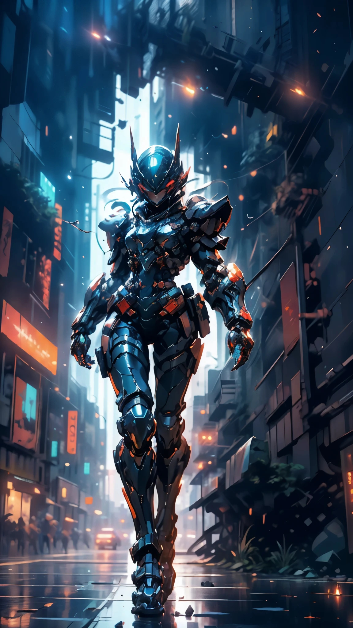 A woman adorned in fantasy-style full-body armor, a crown-concept fully enclosed helmet that unveils only her eyes, a composite layered chest plate, fully encompassing shoulder and hand guards, a lightweight waist armor, form-fitting shin guards, the overall design is heavy-duty yet flexible, ((the armor gleams with a blue glow, complemented by red and black accents)), exhibiting a noble aura, she floats above the Futuristic city, this character embodies a finely crafted fantasy-surreal style armored hero in anime style, exquisite and mature manga art style, (Bat concept Armor, photorealistic:1.4, real texture material:1.2), ((city night view, elegant, goddess, femminine:1.5)), metallic, high definition, best quality, highres, ultra-detailed, ultra-fine painting, extremely delicate, professional, anatomically correct, symmetrical face, extremely detailed eyes and face, high quality eyes, creativity, RAW photo, UHD, 32k, Natural light, cinematic lighting, masterpiece-anatomy-perfect, masterpiece:1.5
