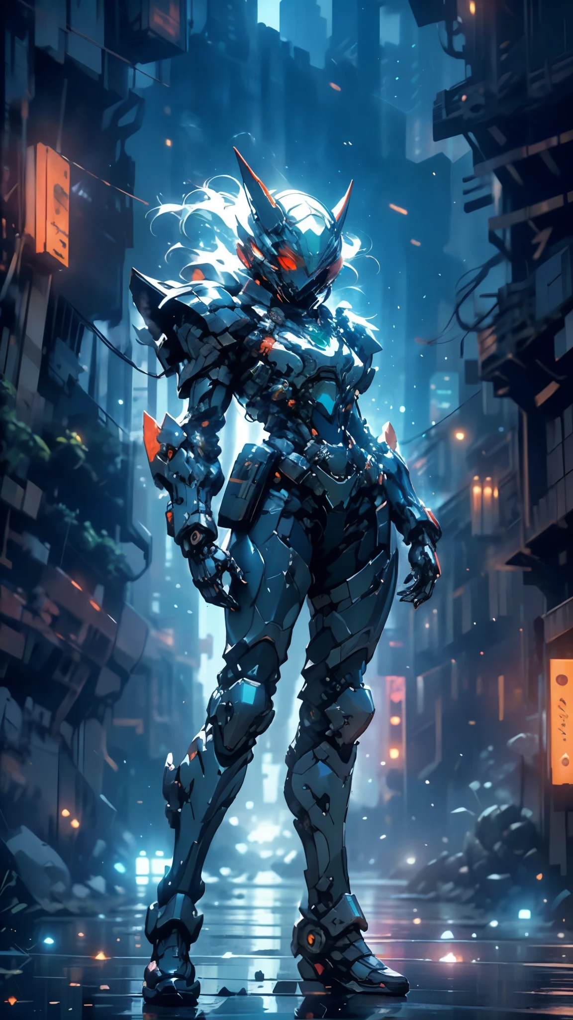 A woman adorned in fantasy-style full-body armor, a crown-concept fully enclosed helmet that unveils only her eyes, a composite layered chest plate, fully encompassing shoulder and hand guards, a lightweight waist armor, form-fitting shin guards, the overall design is heavy-duty yet flexible, ((the armor gleams with a blue glow, complemented by red and black accents)), exhibiting a noble aura, she floats above the Futuristic city, this character embodies a finely crafted fantasy-surreal style armored hero in anime style, exquisite and mature manga art style, (Bat concept Armor, photorealistic:1.4, real texture material:1.2), ((city night view, elegant, goddess, femminine:1.5)), metallic, high definition, best quality, highres, ultra-detailed, ultra-fine painting, extremely delicate, professional, anatomically correct, symmetrical face, extremely detailed eyes and face, high quality eyes, creativity, RAW photo, UHD, 32k, Natural light, cinematic lighting, masterpiece-anatomy-perfect, masterpiece:1.5