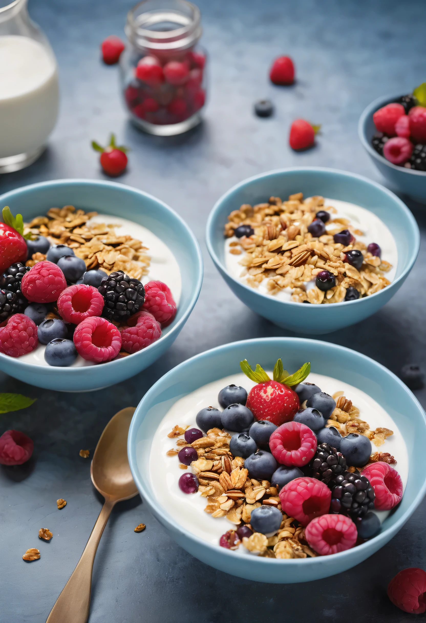 there are two bowls of yogurt with berries and granola, yogurt, sea of parfait, high quality food photography, by Franz Hegi, healthy, yummy, by Bernardino Mei, by Alexander Brook, trendy food, professional food photography, outstanding detail, shutterstock, istock, food photography, styled food photography, close up food photography, by Juan O'Gorman