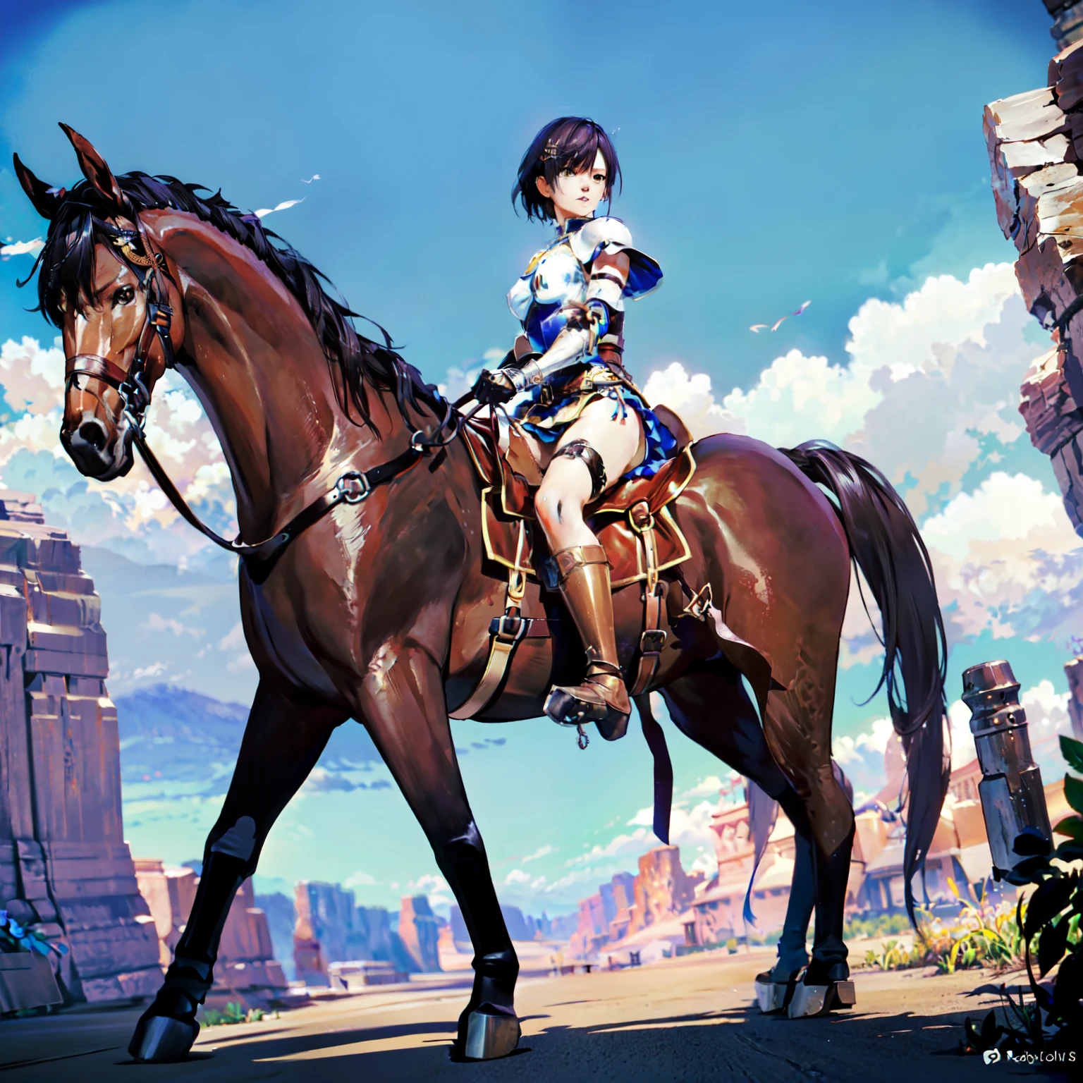 4k, 8k, hdr, wallpaper, realistic, cinematic lighting, ((best quality)), ((masterpiece)), (detailed), perfect face, anime style, pixie cut, short hair {black hair}, both hands holding tightly, reins, (female knight, brown eyes, white armor, black miniskirt, golden gauntlet, black boots, (brown horse, horseback riding, saddle, stirups, reins: 1.25), ((running)), fantasy settings, canyon, open field, gust of wind, anatomically correct