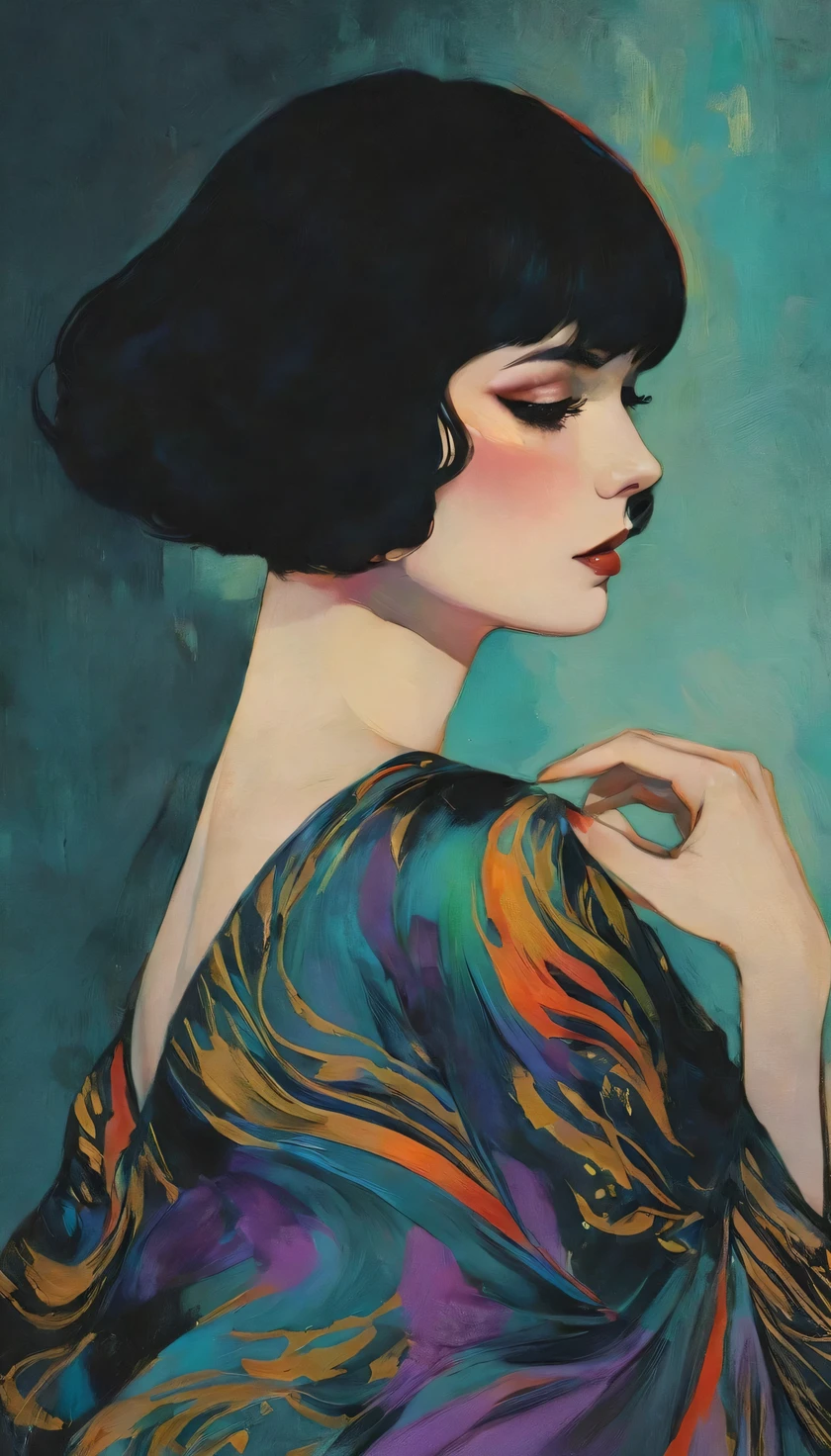 chiaroscuro technique on sensual illustration of an elegant queen (((short hair with bangs:1.4、Beautiful bangs) , vintage ,silky dress, matte painting, by John Singer Sargent, by Harumi Hironaka, extremely soft colors, dark vibrant, Rainbow pastel, highly detailed, digital artwork, high contrast, dramatic, refined, tonal, an intimate, seductive studio setting with a focus on sensuality and romance. Utilize soft, warm lighting that bathes the space in a gentle, inviting glow. Incorporate luxurious fabrics, plush furnishings, and a touch of decadence to evoke an opulent ambiance. The scene should exude an air of serenity and anticipation, inviting the viewer into a sensual and romantic space