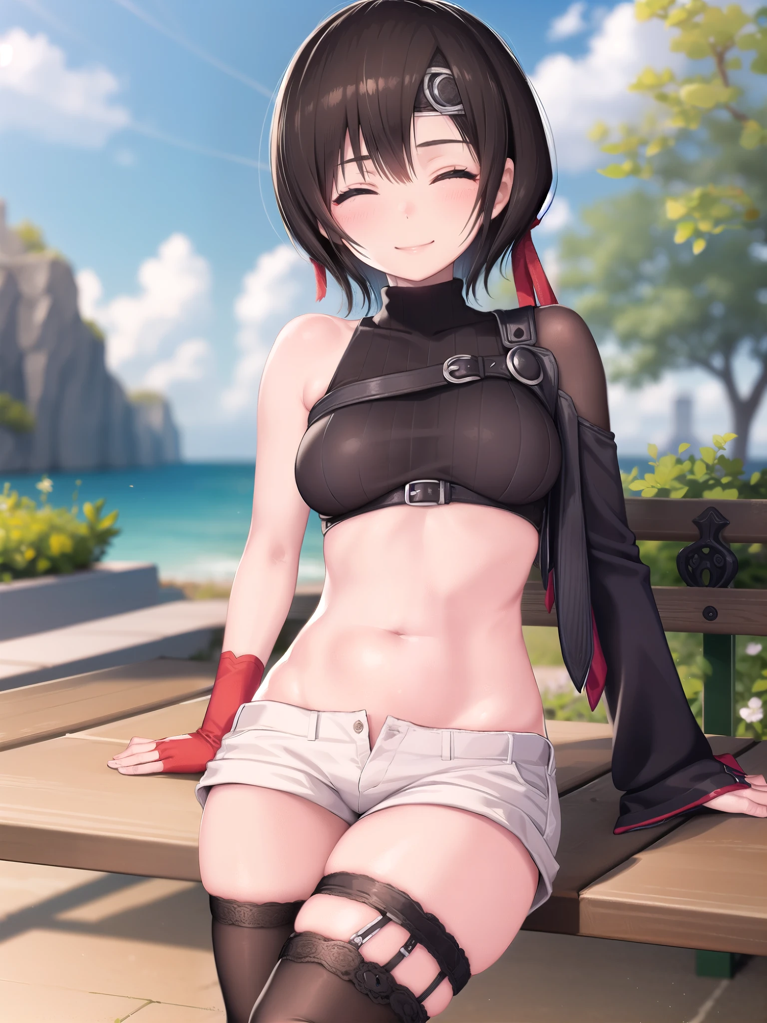 yuffiekisaragi, Yuffie Kisaragi,Haircuts, pixie cut,
壊す crop top, fingerless gloves, fishnet Thighhighs, fishnet, forehead protector, gloves, head band, belly button, short shorts, shorts, single sleeve, single thigh high, No sleeve, No sleeve turtleneck, Thighhighs, turtleneck,
bench、blue sky、smile