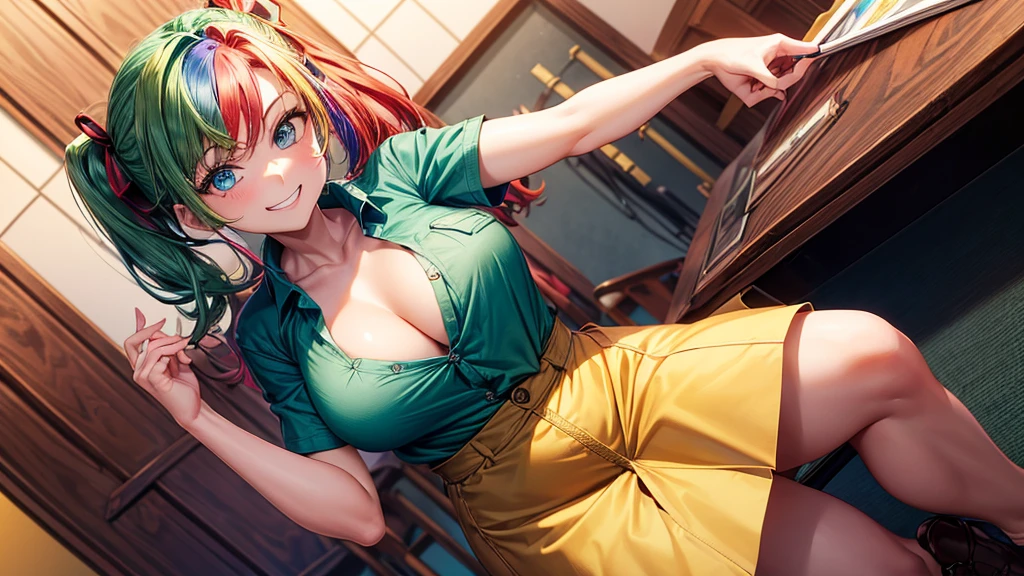 1girl, ((colorful hair)), ponytail, large breasts, cleavage, button down, blue eyes, ((dark green shirt)), ((unbuttoned shirt)), unbuttoning buttons, ((short sleeved shirt)), mini skirt, brown shoes, grin, looking at the viewer, standing, red, white and green hair ribbon, ((golden necklate))