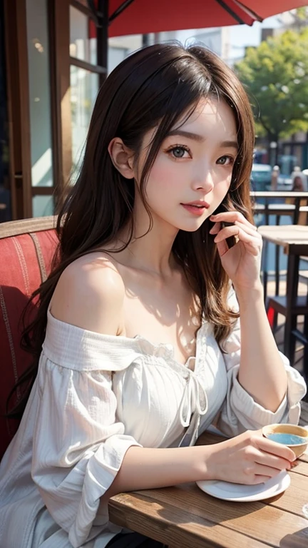 A young Japanese-American mixed-race woman is enjoying tea time on a cafe terrace. She is wearing a white off-the-shoulder blouse, showcasing her semi-long golden hair that cascades softly around her shoulders. Her face and eyes are rendered with exquisite detail, embodying a blend of femininity and cultural heritage. Her smile, both genuine and seductive, seems to invite the viewer into a moment of shared warmth and fondness. The scene is set in daylight, with the ambiance of a cozy cafe terrace around her, complete with a tea set on the table in front of her. The image is in 9:16 aspect ratio, capturing the essence of a high-quality 4K resolution.