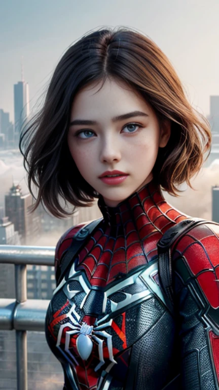 (1girl:1.3), Solo, (((Very detailed face)))), ((Very detailed eyes and face)))), Beautiful detail eyes, Body parts__, Official art, Unified 8k wallpaper, Super detailed, beautiful and beautiful, beautiful, masterpiece, best quality, original, masterpiece, super fine photo, best quality, super high resolution, realistic realism, sunlight, full body portrait, amazing beauty, dynamic pose, delicate face, vibrant eyes, (from the front), She wears Spider-Man suit, red and black color scheme, spider, very detailed city roof background, rooftop, overlooking the city, detailed face, detailed complex busy background, messy, gorgeous, milky white, highly detailed skin, realistic skin details, visible pores, clear focus, volumetric fog, 8k uhd, DSLR, high quality, film grain, fair skin, photo realism, lomography, futuristic dystopian megalopolis, translucent