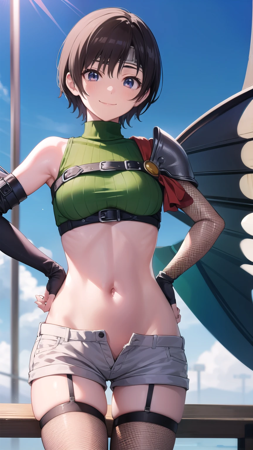 yuffiekisaragi, Yuffie Kisaragi,Haircuts, pixie cut,
壊す crop top, fingerless gloves, fishnet Thighhighs, fishnet, forehead protector, gloves, head band, belly button, short shorts, shorts, single sleeve, single thigh high, No sleeve, No sleeve turtleneck, Thighhighs, turtleneck,
bench、blue sky、smile