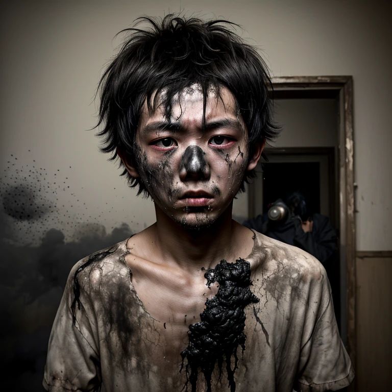 explode in the room、A boy covered in soot and battered