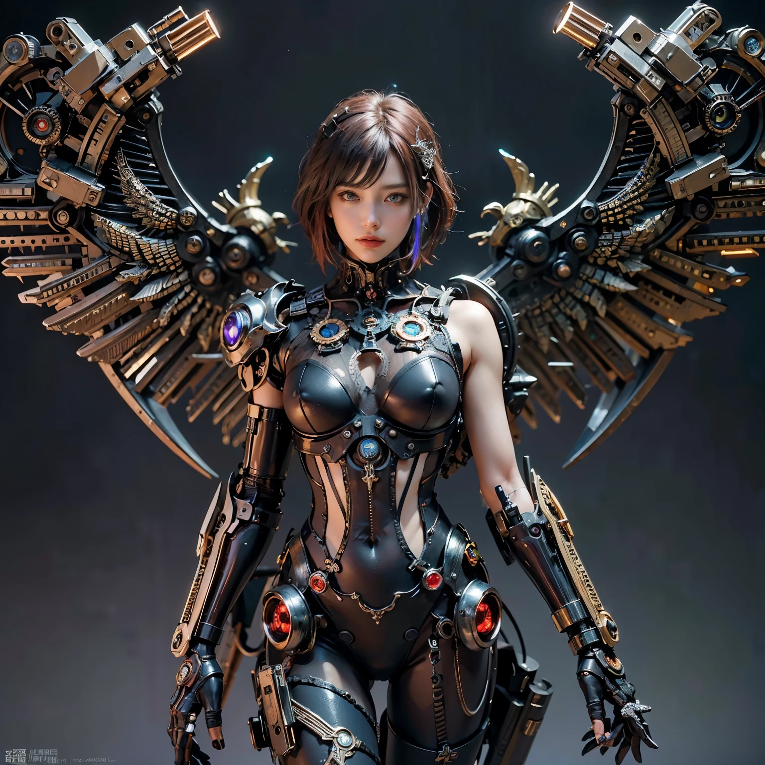 (top-quality:1.2, masterpiece)、ultra high resolution、extremely ultra surrealism, (Photorealsitic:1.4)、Raw photo、(Steampunk Battle Cyborg fallen angel)、large wings made of metal、black porcelain body、red hair、glowy skin、1 Cyborg girl、(mechanical frame:1.3)japanese, extremely cute face, ((super realistic details))、portrait、globalillumination、Shadow、octan render、8K、ultrasharp、character edge light、Details of complex ornaments、Acrylic Clear Cover、Sumerian details、Hydraulic cylinder、Small LED lamp、highly intricate detail、Realistic light、a purple eye、radiant eyes、Facing the camera、neon details、cowboy shot、Futuristic headgear、About Cyberpunk