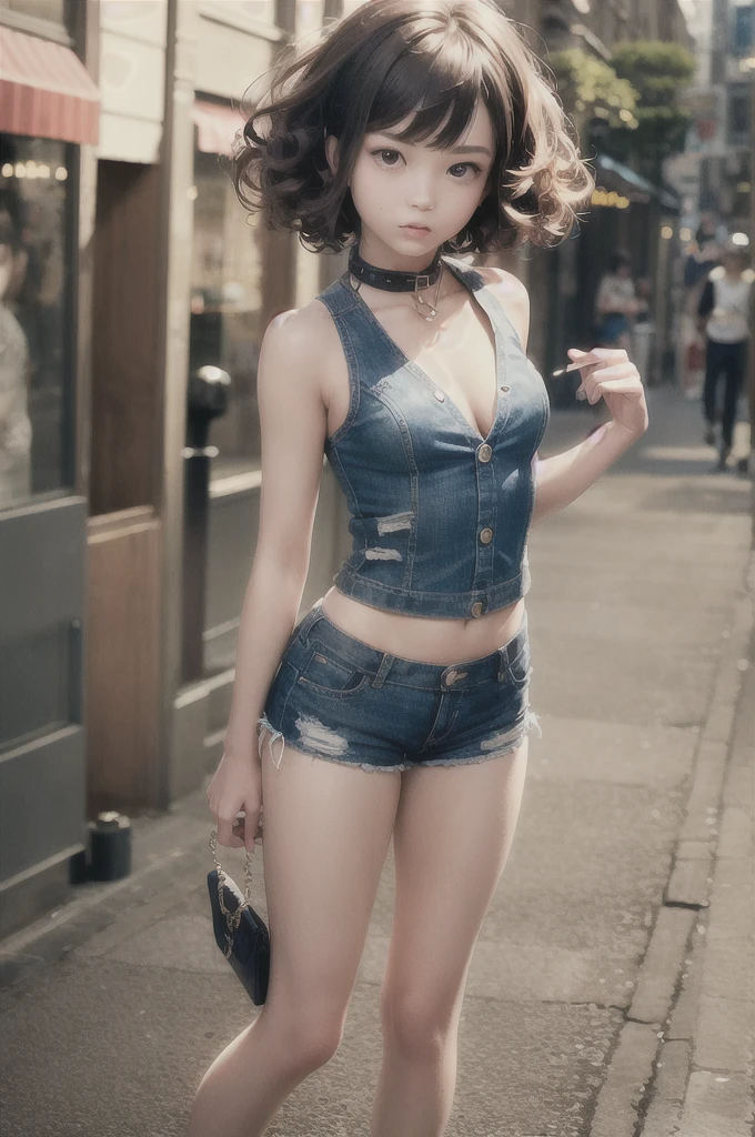 ((medium breasts, tomboy girl, small head)), (Well-defined abs: 1.1), (Perfect body: 1.1), (short curly hair: 1.2), brown hair, collar, chain, full-body shot, crowded streets, Clothes Black vest, denim jacket, ((shorts)), (Extremely detailed CG 8k wallpaper), (extremely delicate and beautiful), (masterpiece), (best quality: 1.0), (ultra-High resolution: 1.0), beautiful lights, perfect lightning, Realistic shadows, [High resolution], Delicate skin, Super details (((rich and colorful)))