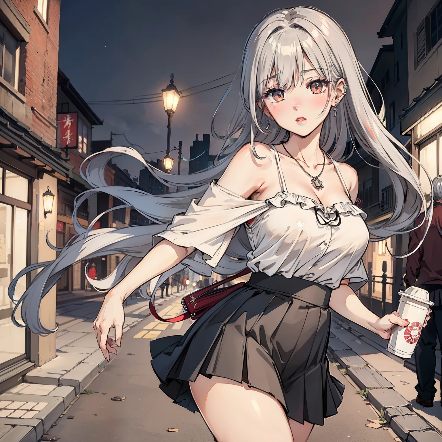 beautiful女孩大学生, masterpiece, Light makeup, red lips, silver hair, messy long hair, street background, beautiful, elegant. Ultra-fine details, 一件a work of art, real texture, Realistic cinematic lighting, perfect job, 8K, HD, Exquisite facial features, White off-shoulder ruffled short shirt, short pleated skirt,skirt lift，Mix 4， slim figure, big bright eyes, , ear nipple ring, necklace, Tattoo works，a work of art，