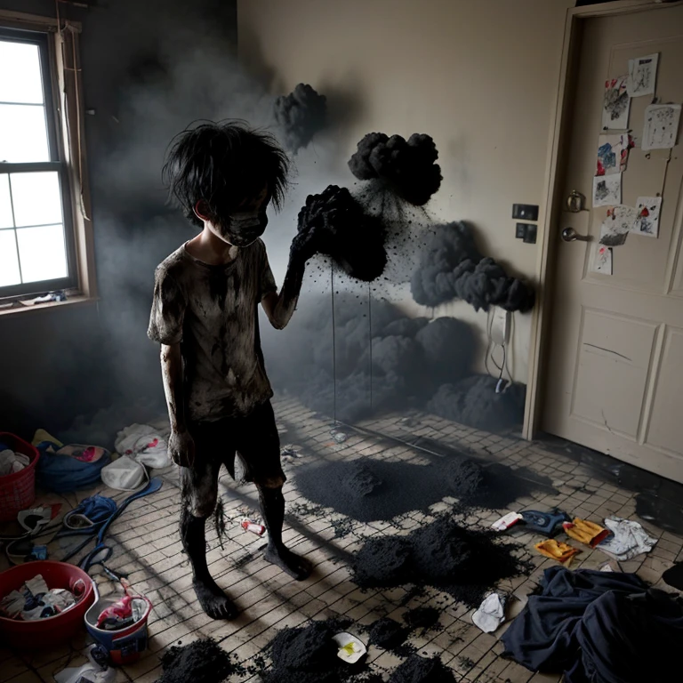 slapstick、explosion、my room、A boy covered in soot and in rags