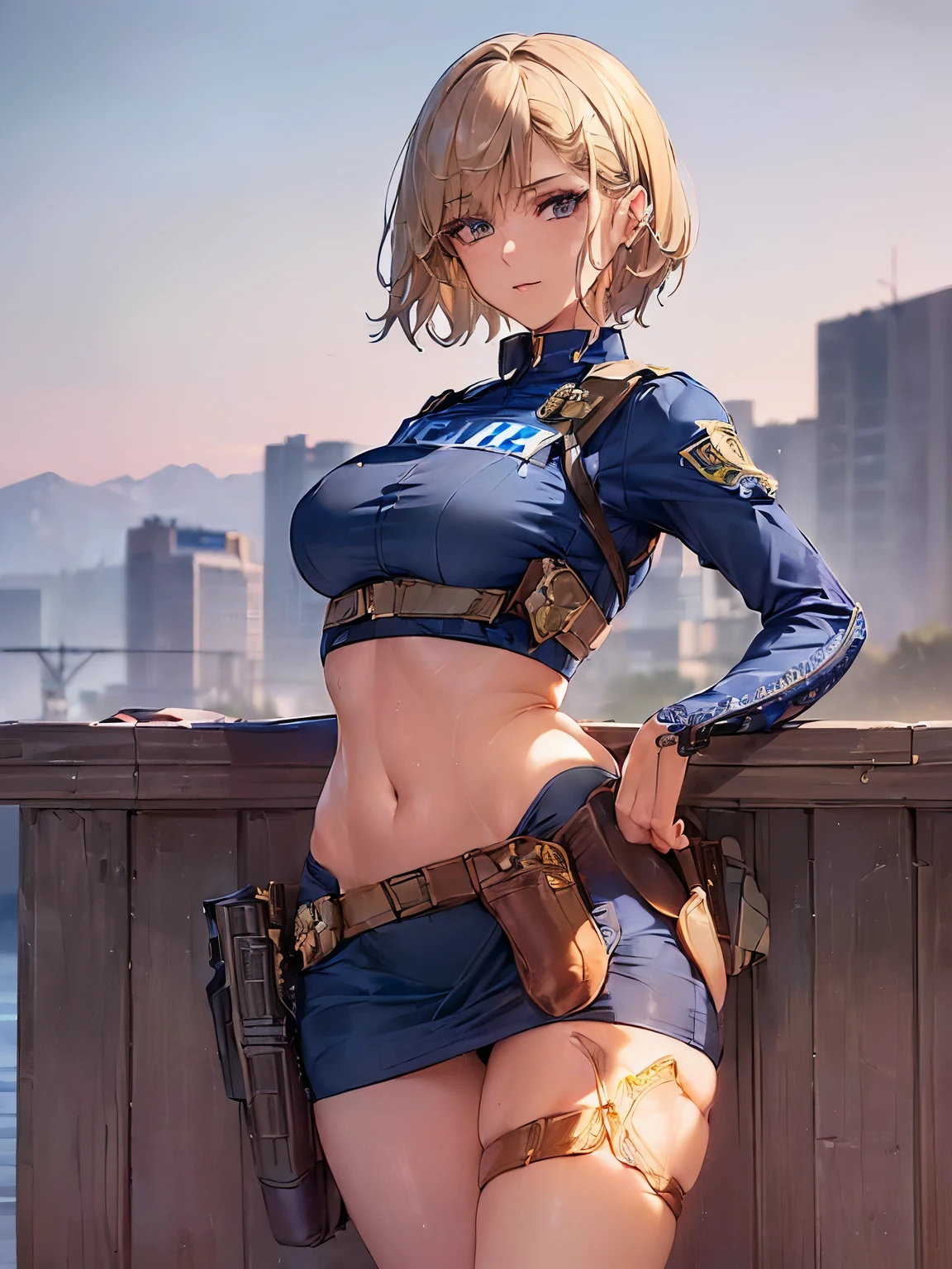 ((highest quality)),(ultra high resolution),(Super detailed),(detailed description),((best CG)),(best work of art),super precision art,great drawing art,(Art with precise details:1.5), (1 female police officer:1.8),(beautiful and well-shaped face:1.5),(Strong-willed eyes:1.5,(light makeup:1.6),(Moist body flaxen short hair:1.6),(Tight uniform:1.6),(tight mini skirt:1.4),(holster:1.5),(Beautiful leg lines:1.5), (Exquisite and detailed outdoor scenery:1.7),