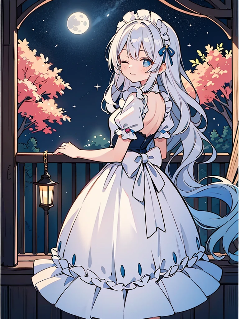 an anime-style female character standing on a balcony at night. Her long, wavy hair cascades down her back and is a striking shade of silver-blue, complementing her similarly colored Victorian maid outfit adorned with frills and ribbons. The dress is detailed with lighter shades of blue and white lace, and she wears a white headdress with a pink flower accent. Her eyes are closed, and she has a peaceful, contented smile. Her right hand is gently pressed against a dark wooden pillar of the balcony, while her left hand is draped along the railing. The balcony overlooks a dense, dark forest, with the moon and stars illuminating the night sky above. The scene conveys a serene and dreamy atmosphere.