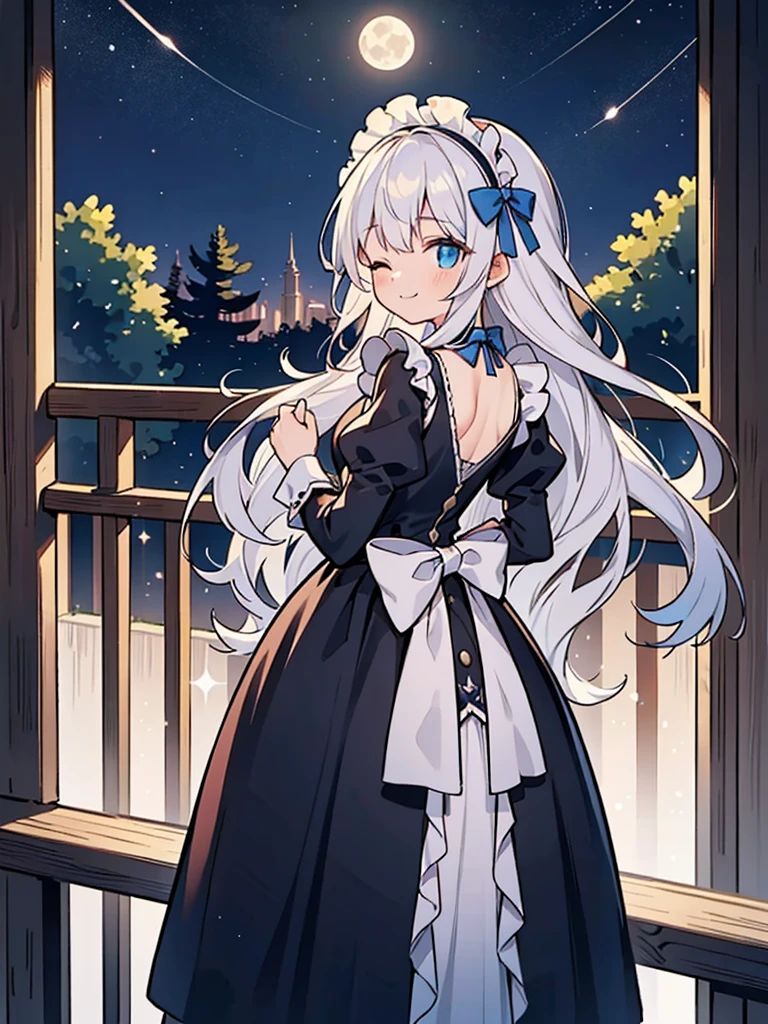 an anime-style female character standing on a balcony at night. Her long, wavy hair cascades down her back and is a striking shade of silver-blue, complementing her similarly colored Victorian maid outfit adorned with frills and ribbons. The dress is detailed with lighter shades of blue and white lace, and she wears a white headdress with a pink flower accent. Her eyes are closed, and she has a peaceful, contented smile. Her right hand is gently pressed against a dark wooden pillar of the balcony, while her left hand is draped along the railing. The balcony overlooks a dense, dark forest, with the moon and stars illuminating the night sky above. The scene conveys a serene and dreamy atmosphere.