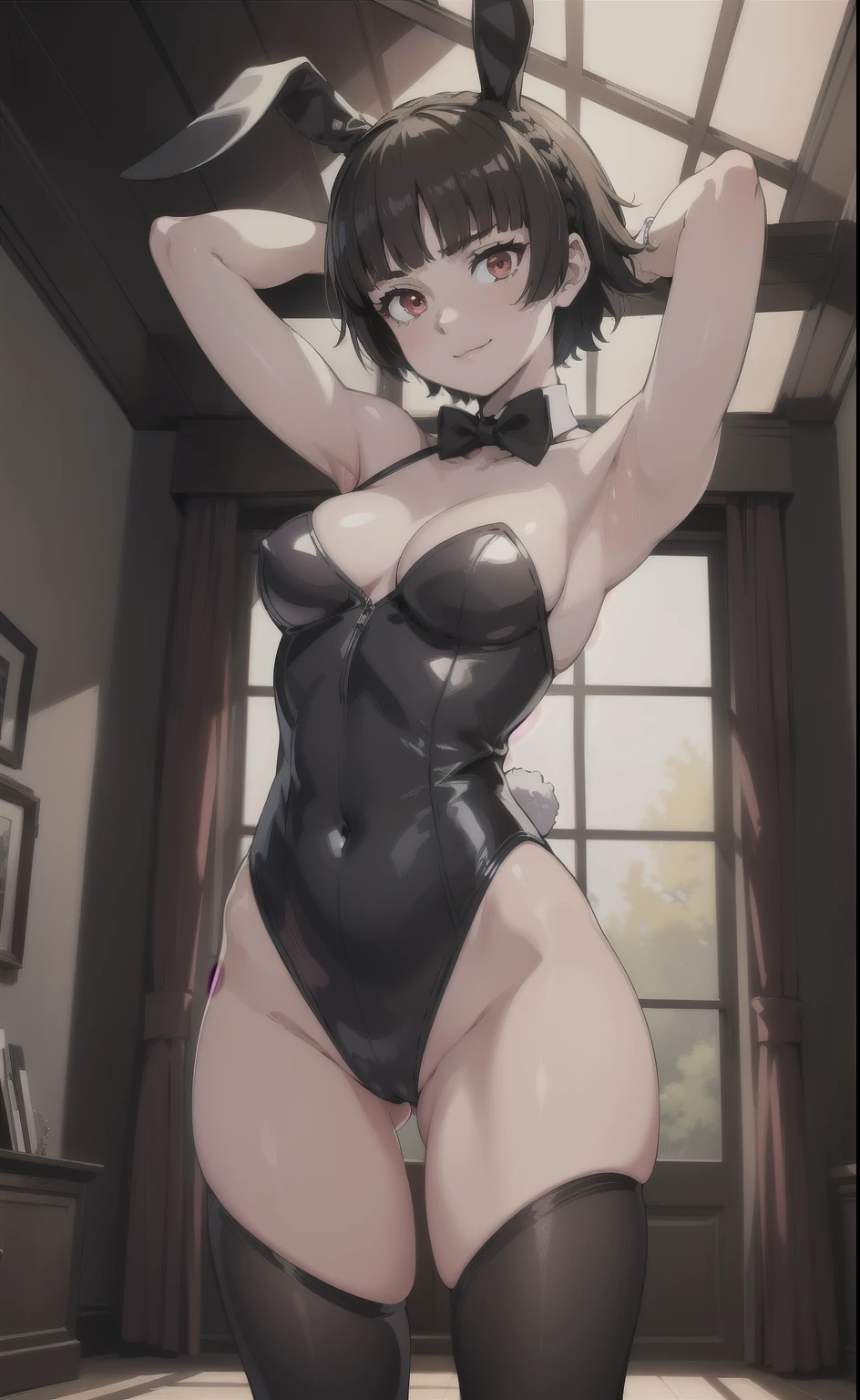 { masterpiece : best quality : high resolution : unity 8k wallpaper : illustration } { Background = inside a creepy room } { Makoto Niijima : short hair : braided around top hair : red eyes : perfect fit body : perfect small shape breast : bunny outfit : bunny ears : standing : waking up : perverted smile : stretching : hand behind head }