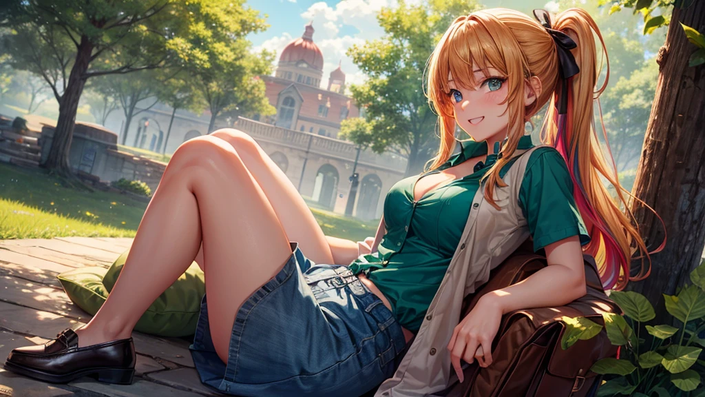 1girl, summer, village, trees, sun, clouds, ((colorful hair)), ponytail, large breasts, cleavage, button down, blue eyes, ((dark green shirt)), ((unbuttoned shirt)), unbuttoning buttons, ((short sleeved shirt)), mini skirt, brown shoes, grin, looking at the viewer, standing, red, white and green hair ribbon, ((golden necklate))
