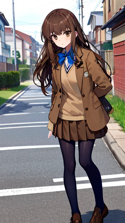 masterpiece, 
一人in, Front view, 
1 girl, Are standing, looking for_in_viewer, 
hakunon, Shirano Kishinami \(woman\), brown hair, (brown eyes:1.4), long hair, straight_hair, 前hair, princess cut, , Jacket, brown Jacket, long sleeve, bow tie, blue bow, blue bow tie, skirt, pleined_skirt, miniskirt, brown skirt, black_pantyhose, pantyhose, shoes, brown footwear, loafers, Octans,outdoor