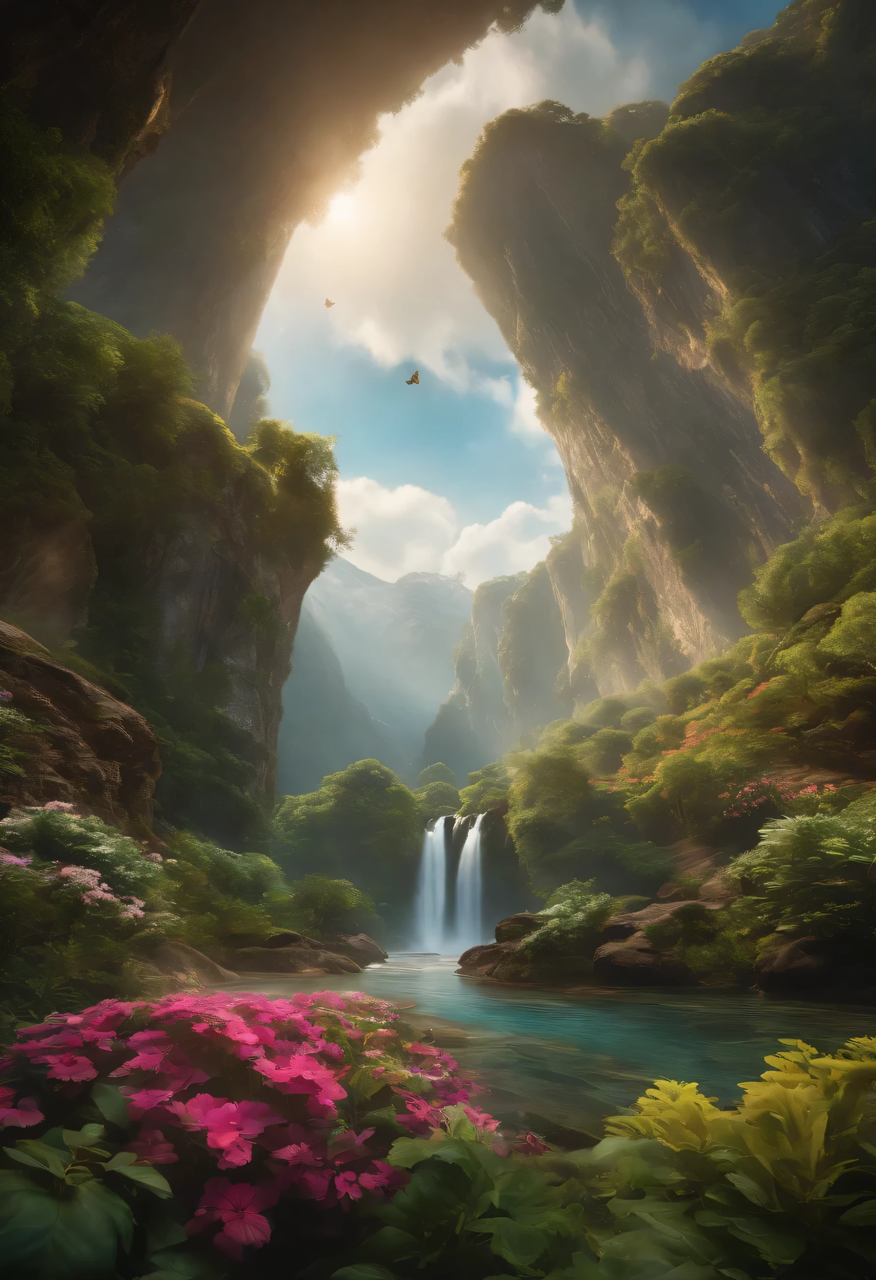 “Imagine a breathtaking and otherworldly natural vista that transcends the boundaries of reality, meant to be rendered in stunning 8K resolution. Picture towering mountains with peaks that pierce the heavens, their slopes adorned with cascading waterfalls of liquid gold and silver. Envision vast, crystalline lakes that shimmer like gemstones in the sunlight, reflecting the kaleidoscopic hues of the surrounding flora and fauna. Populate this landscape with fantastical elements such as floating islands adorned with vibrant flora, iridescent butterflies the size of birds flitting through the air, and ethereal creatures gliding gracefully through the skies. Capture the essence of a world where the laws of physics and nature bend to create a truly mesmerizing spectacle, inviting viewers to lose themselves in its grandeur and beauty.”